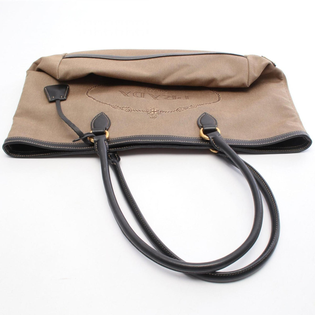 Prada Black Brown Canvas Leather Handbag Tote Bag (Pre-Owned)