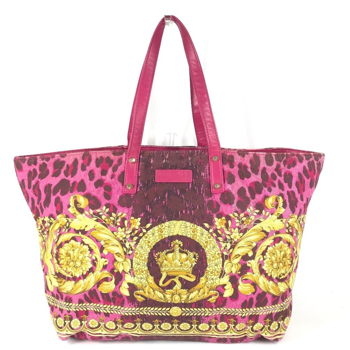 Versace Pink Yellow Leather Canvas Shoulder Bag Tote Bag (Pre-Owned)