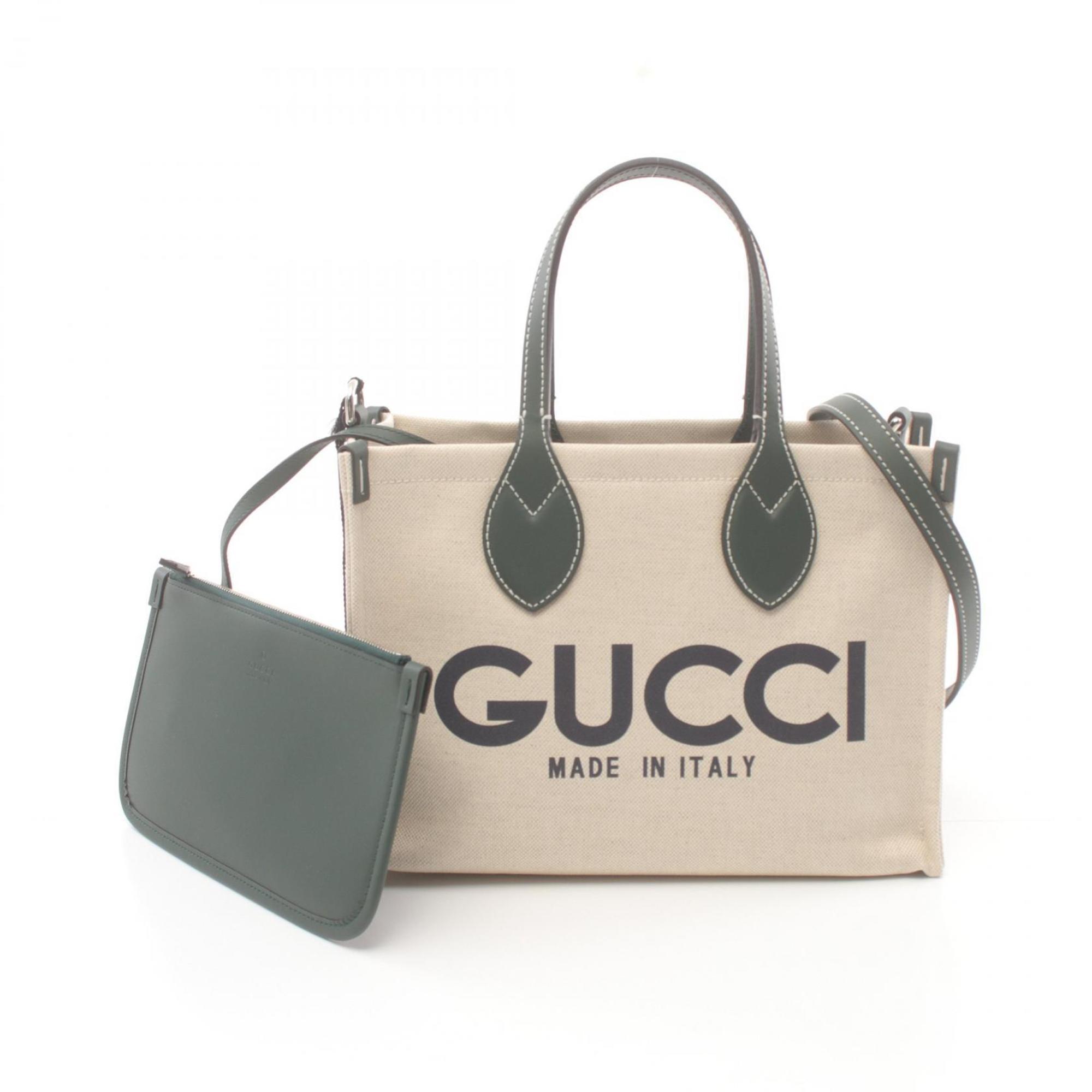 Gucci Beige Green Canvas Leather Tote Bag