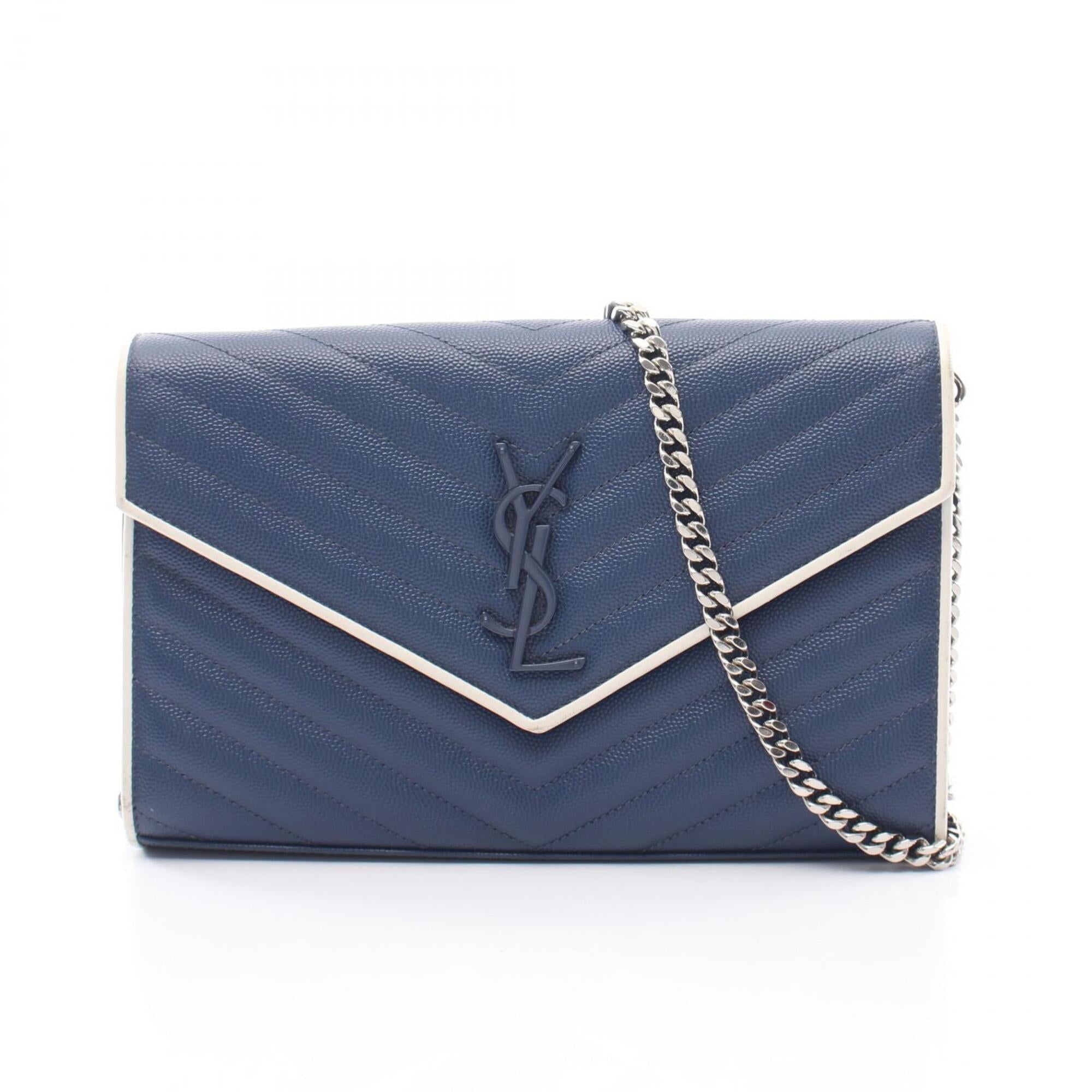 Yves Saint Laurent Navy White Leather Handbag Shoulder Bag (Pre-Owned)