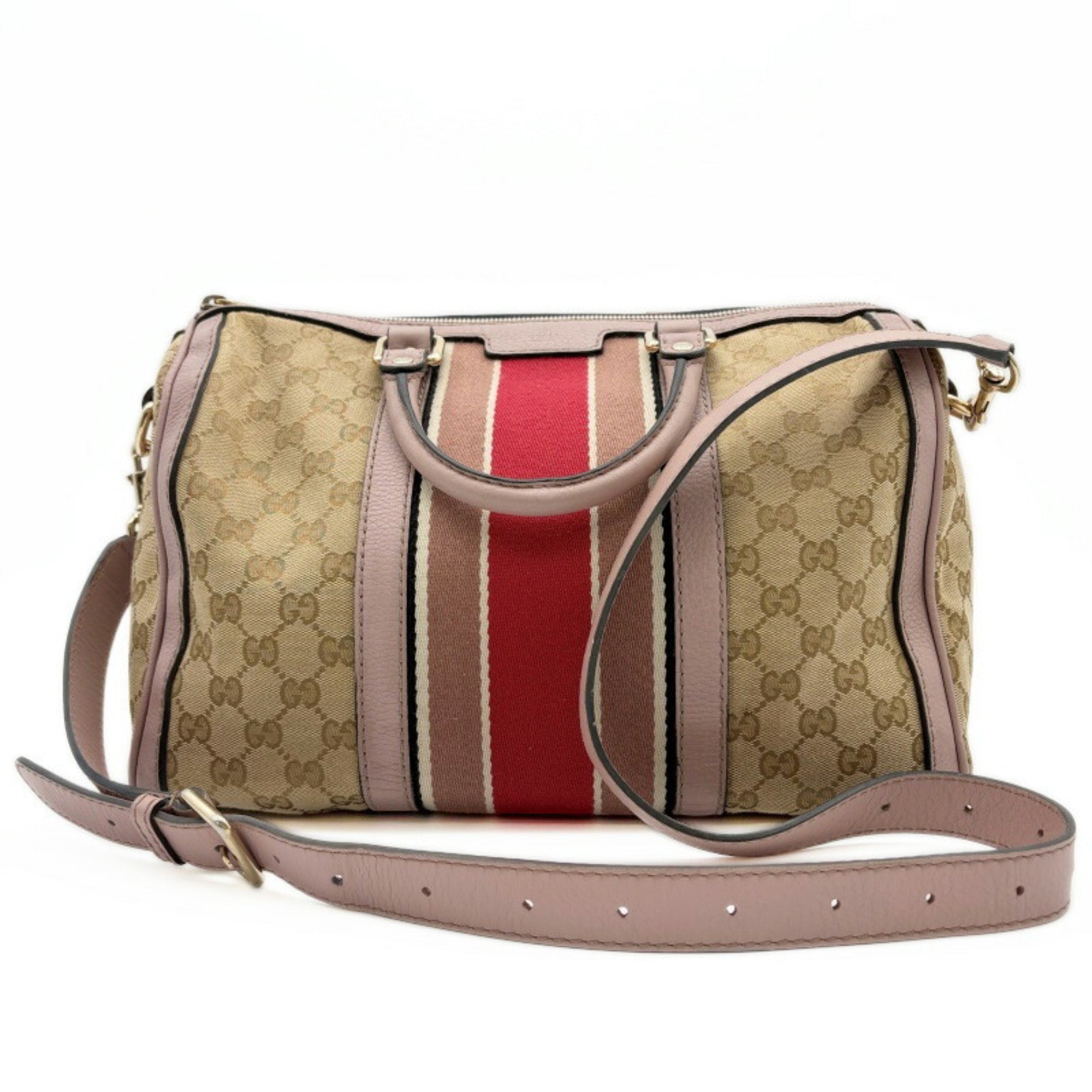 Gucci Sherry Line Beige Pink Canvas Leather Boston Bag (Pre-Owned)