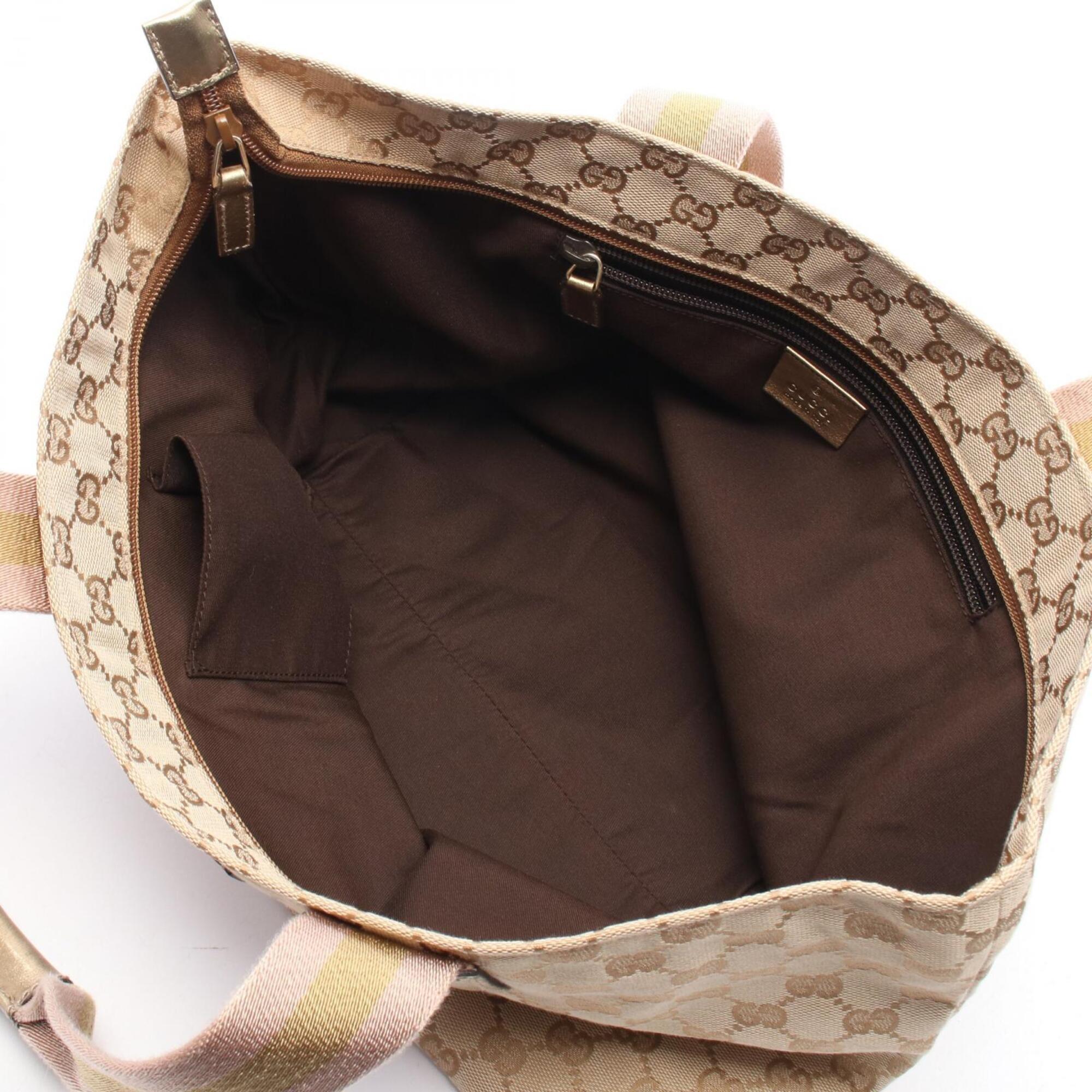 Gucci Beige Gold Pink Canvas Leather Handbag Tote Bag (Pre-Owned)