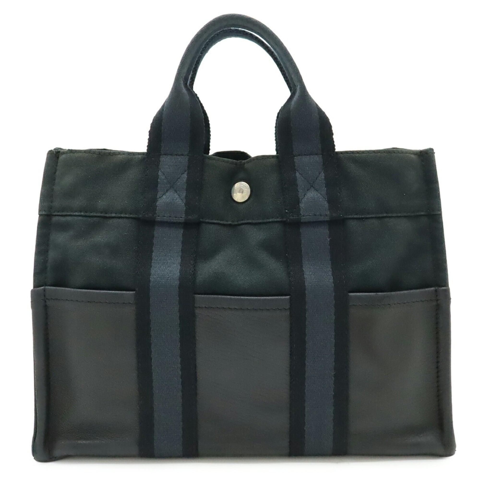 Hermes Black Navy Canvas Leather Handbag Tote Bag (Pre-Owned)