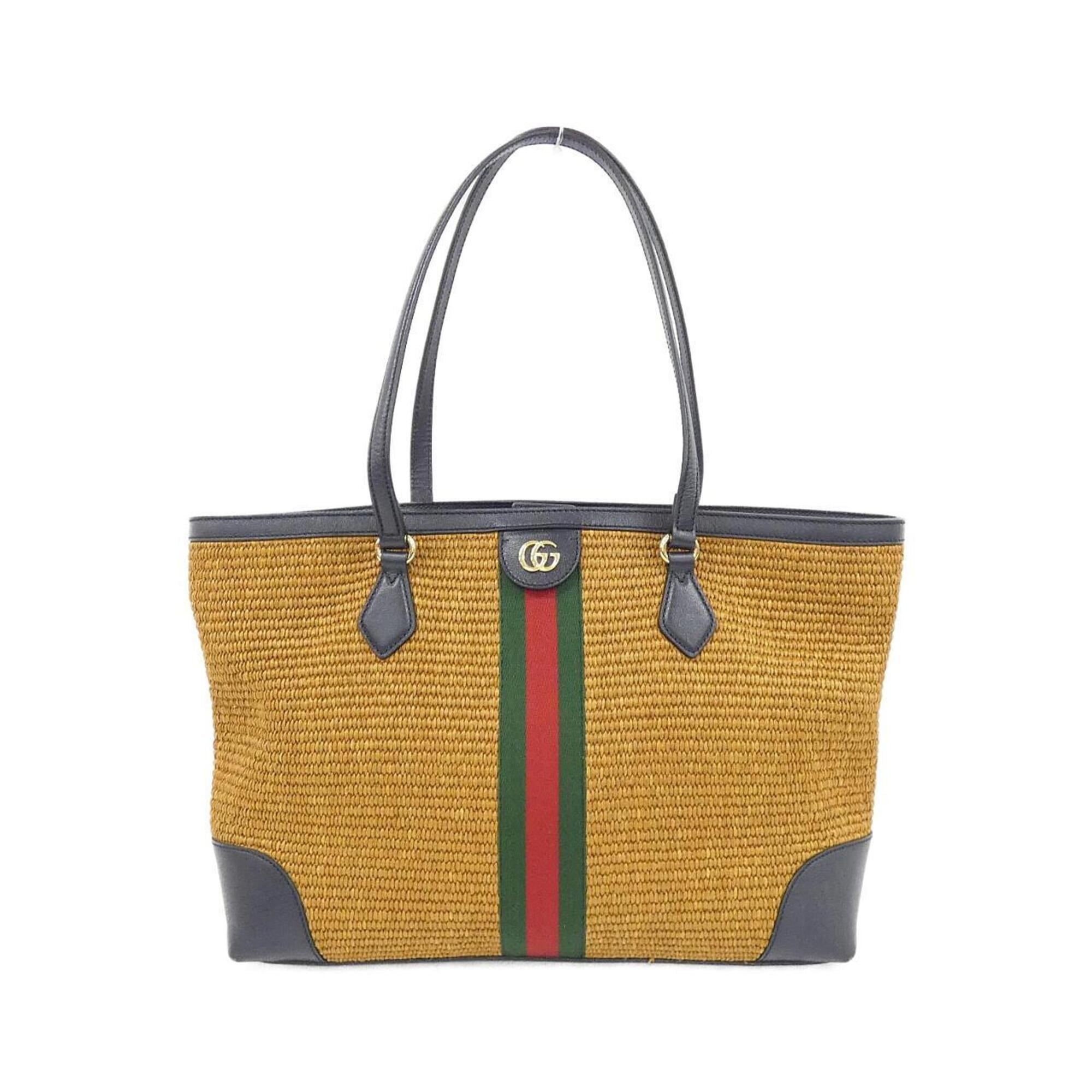 Gucci Ophidia Camel Navy Straw Leather Handbag (Pre-Owned)