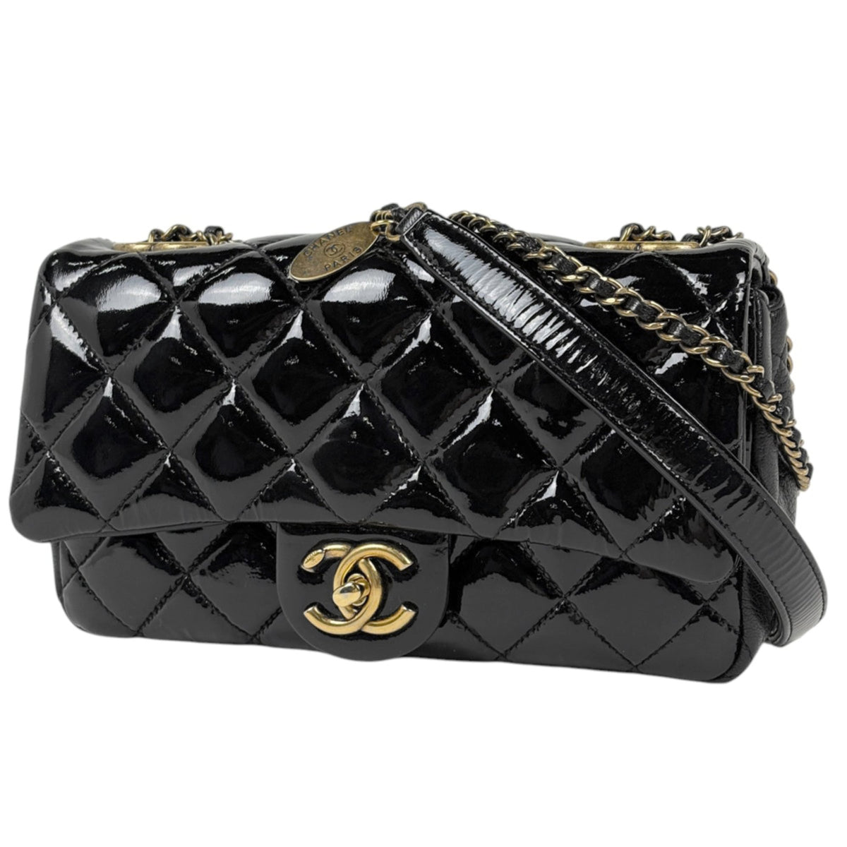 Chanel Matelasse Black Patent Leather Leather Shoulder Bag (Pre-Owned)