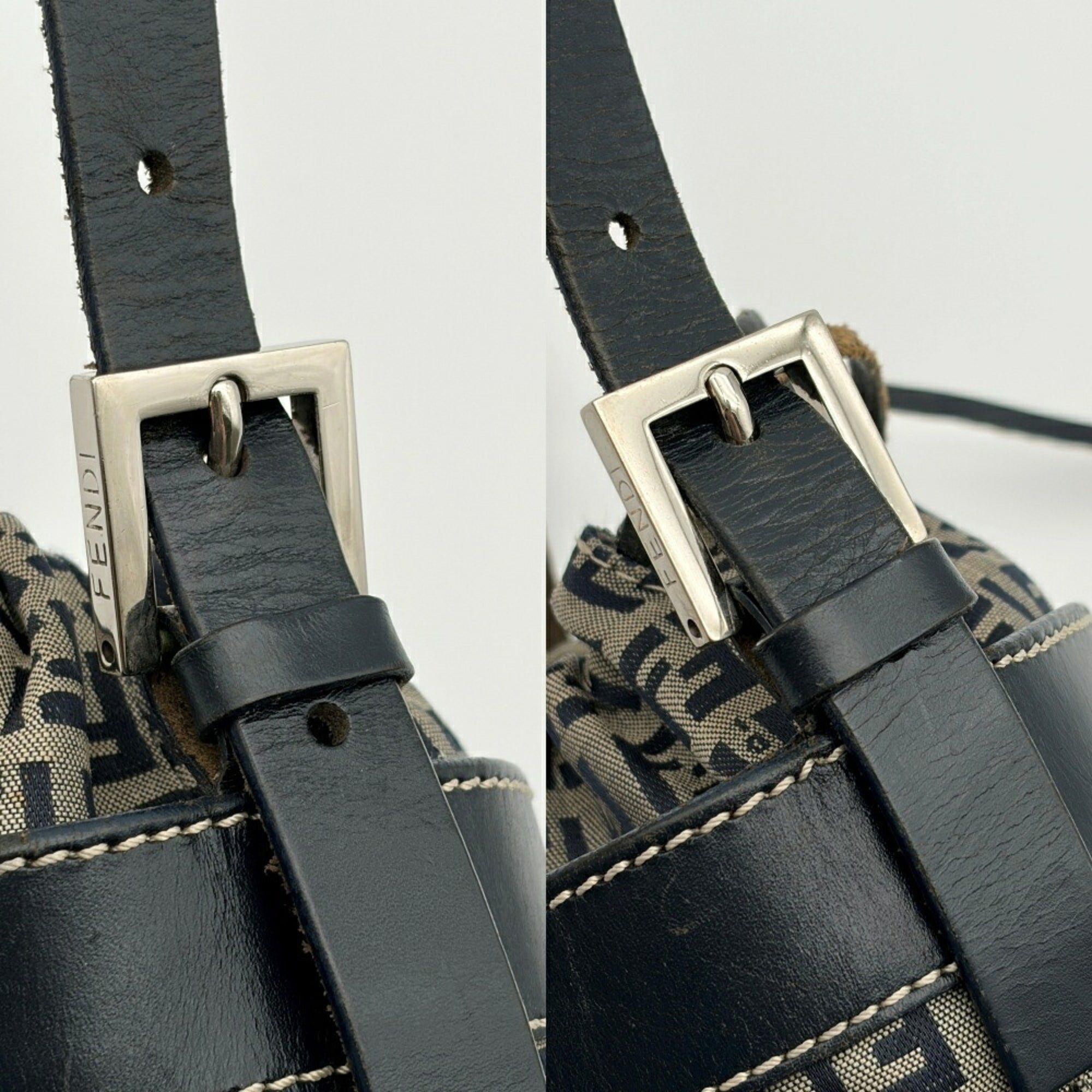 Fendi Zucca Navy Canvas Leather Shoulder Bag (Pre-Owned)