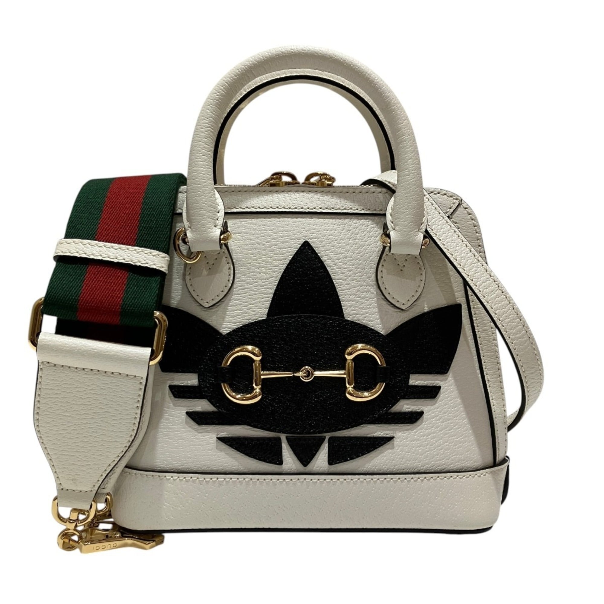 Gucci Horsebit White Leather Canvas Handbag (Pre-Owned)