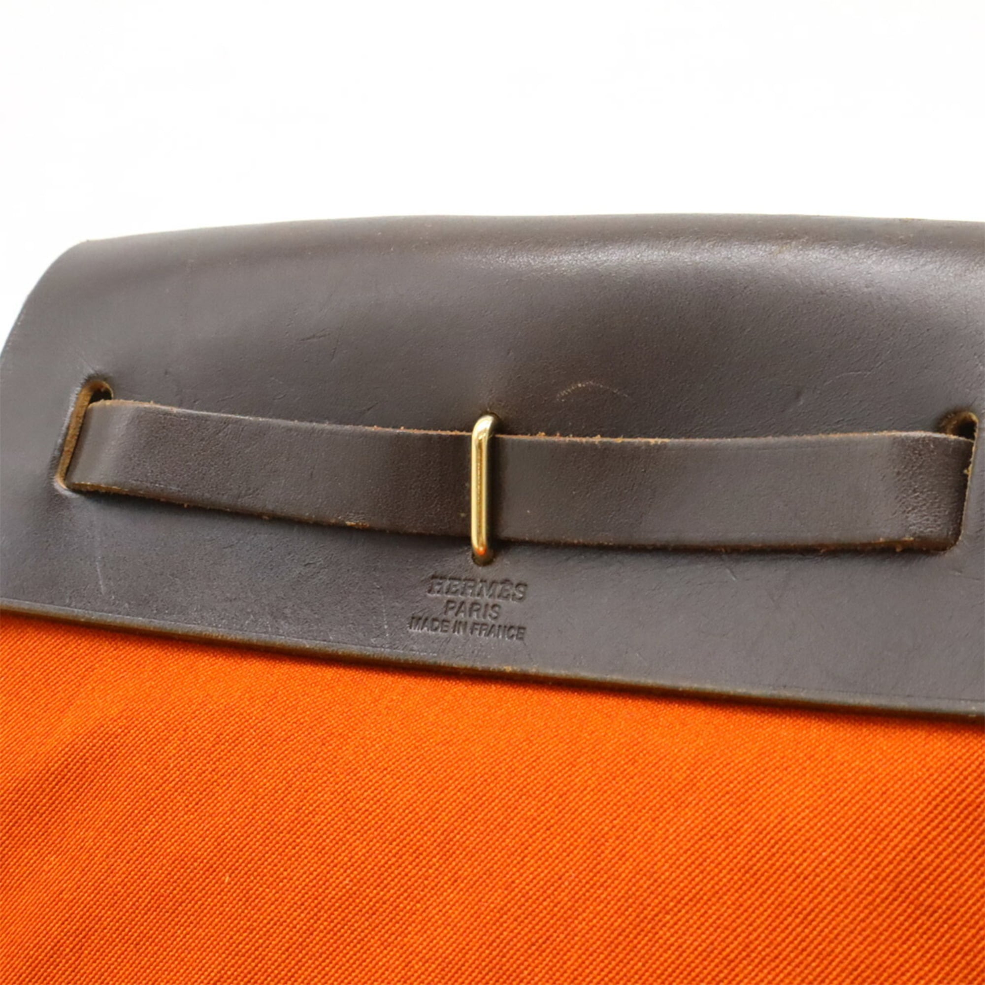 Hermes Her Bag Dark Brown Orange Toile Officier Leather Pochette Shoulder Bag (Pre-Owned)