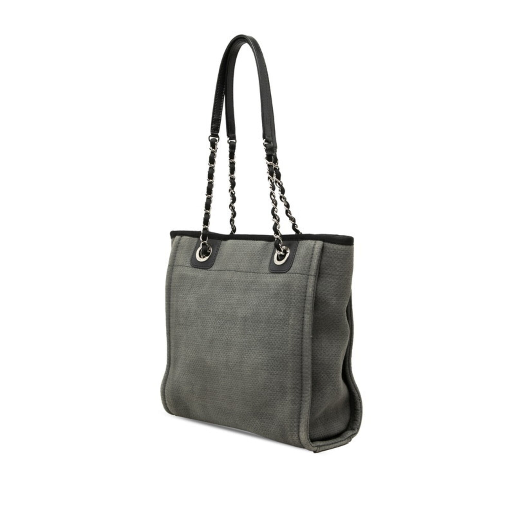 Chanel Black Gray Canvas Leather Shoulder Bag Tote Bag (Pre-Owned)