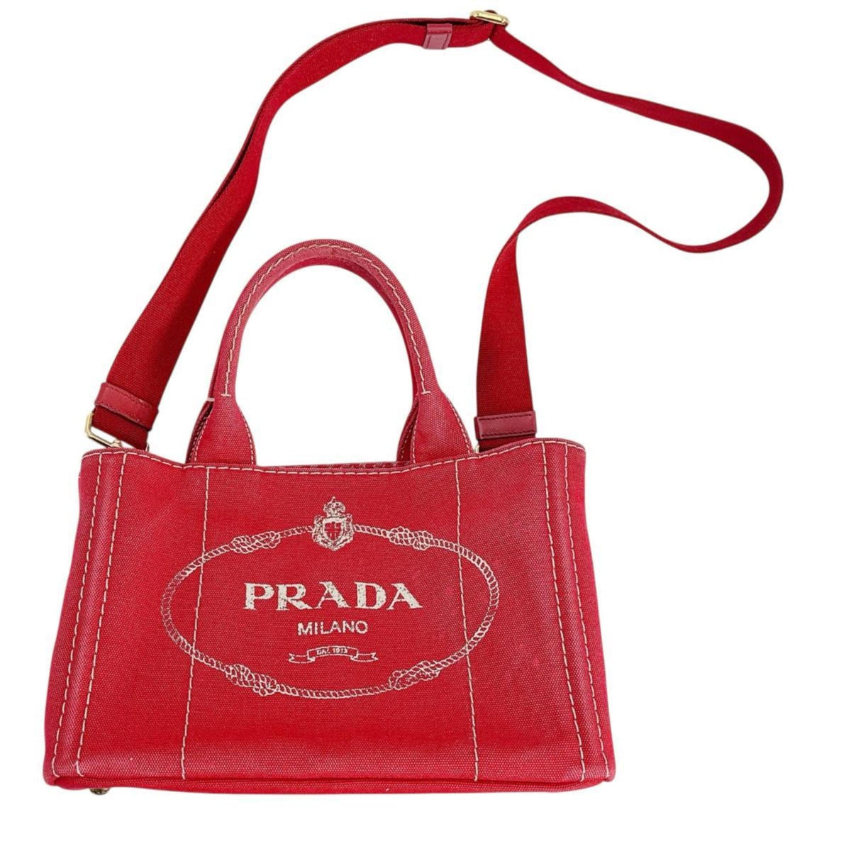 Prada Red Color Canvas Tote Bag (Pre-Owned)