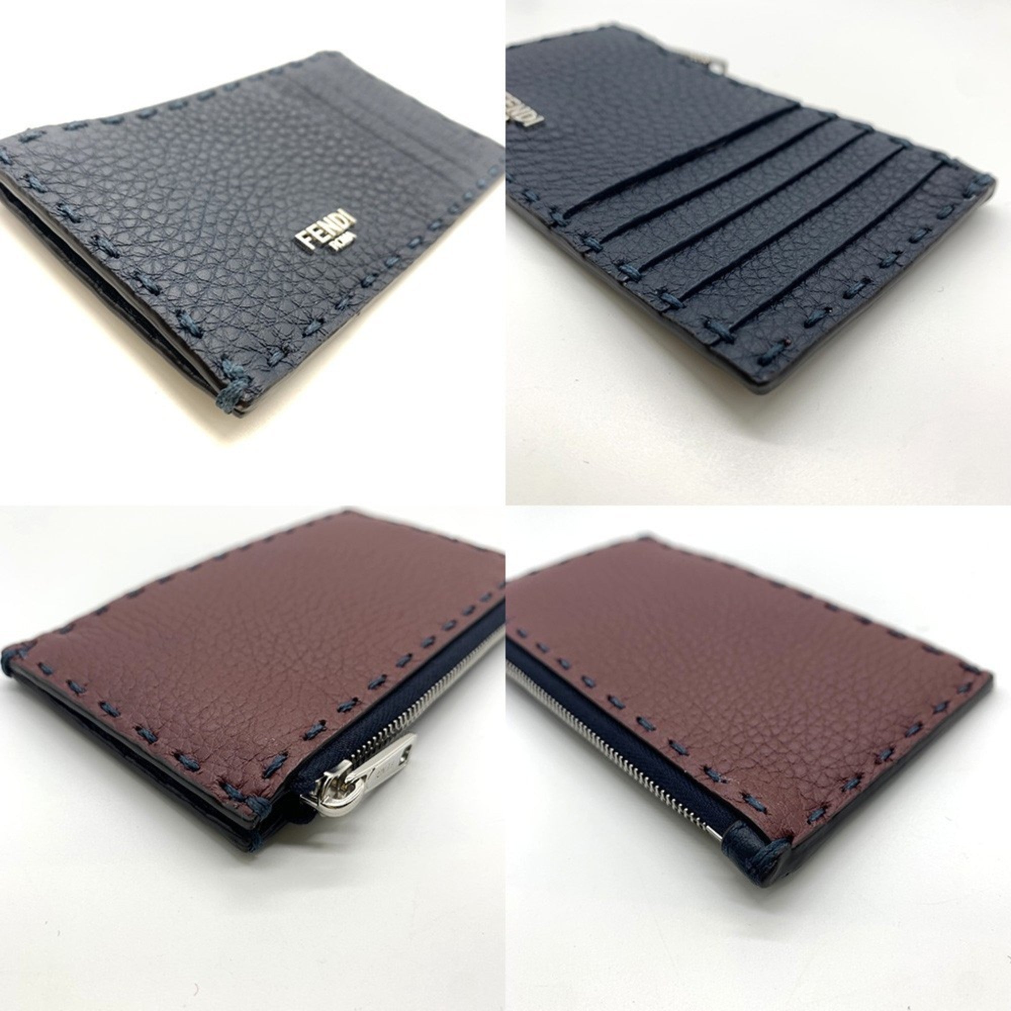 Fendi Selleria Dark Blue Dark Red Leather Coin Purse/Coin Case (Pre-Owned)