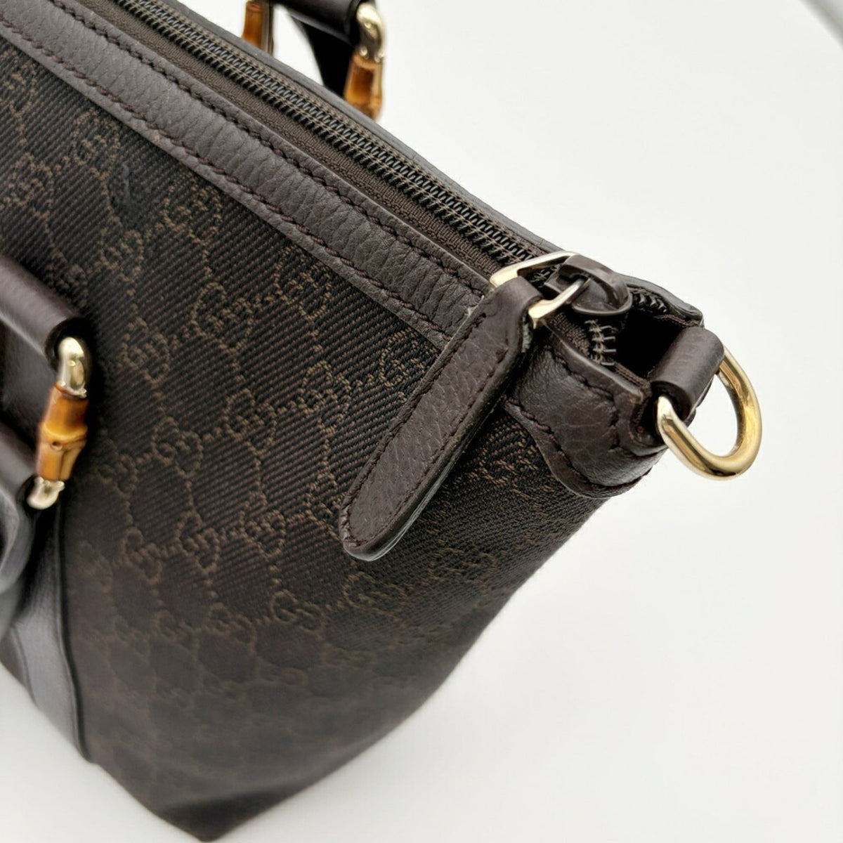 Gucci Dark Brown Canvas Bamboo Leather Tote Bag (Pre-Owned)