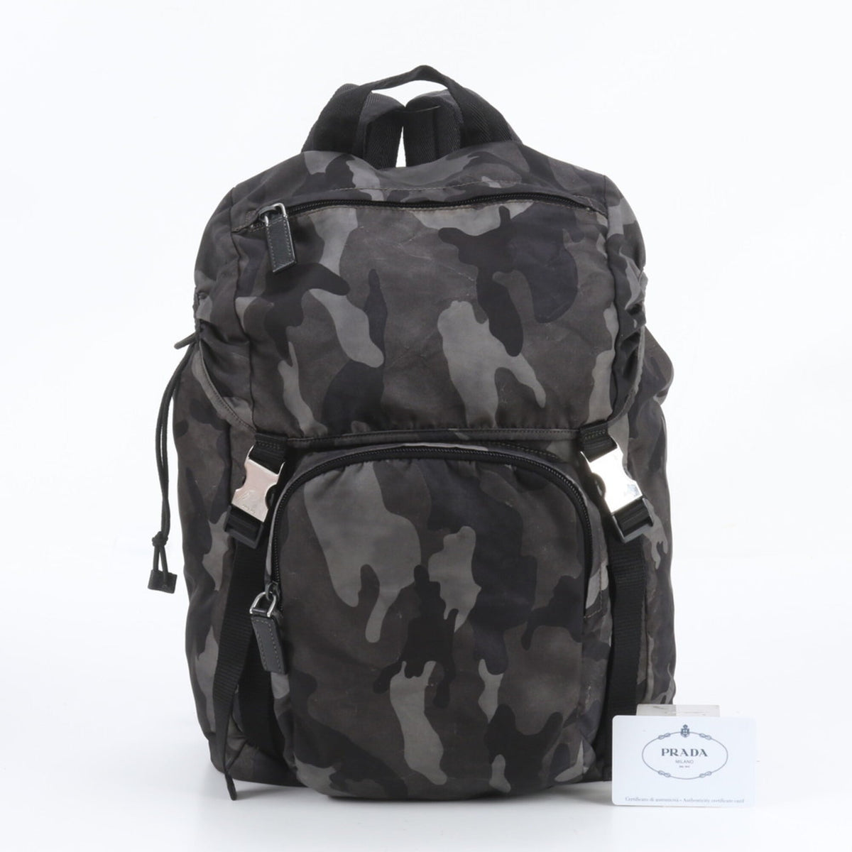 Prada Black Gray Leather Nylon Backpack (Pre-Owned)