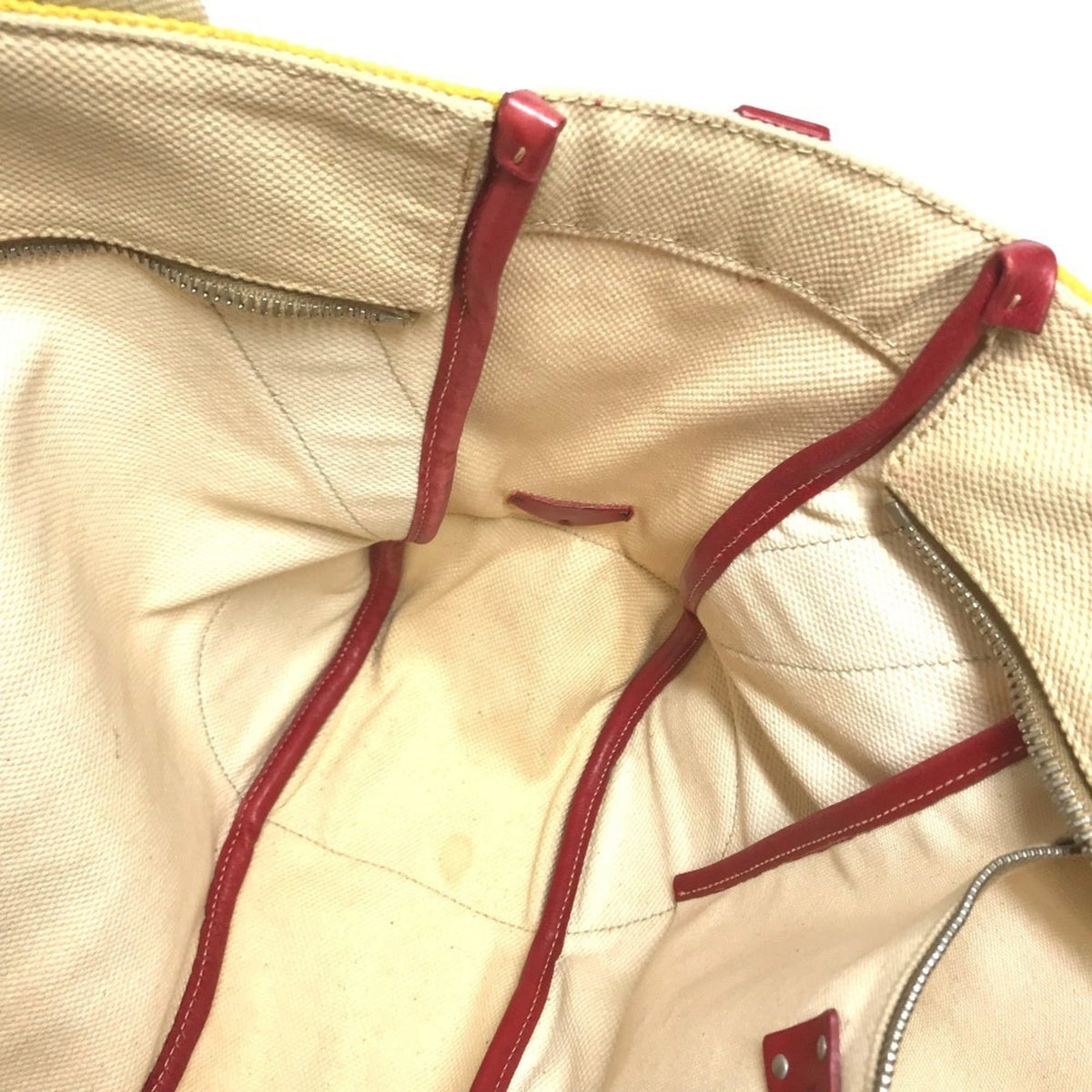 Prada Beige Red Color Yellow Leather Canvas Shoulder Bag Tote Bag (Pre-Owned)