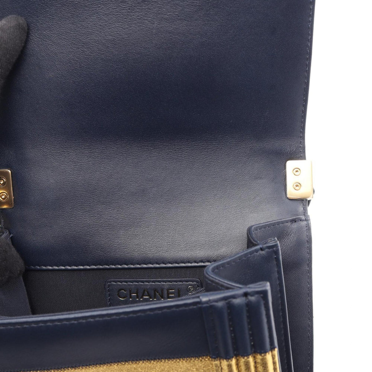 Chanel Gold Navy Leather Handbag Shoulder Bag (Pre-Owned)
