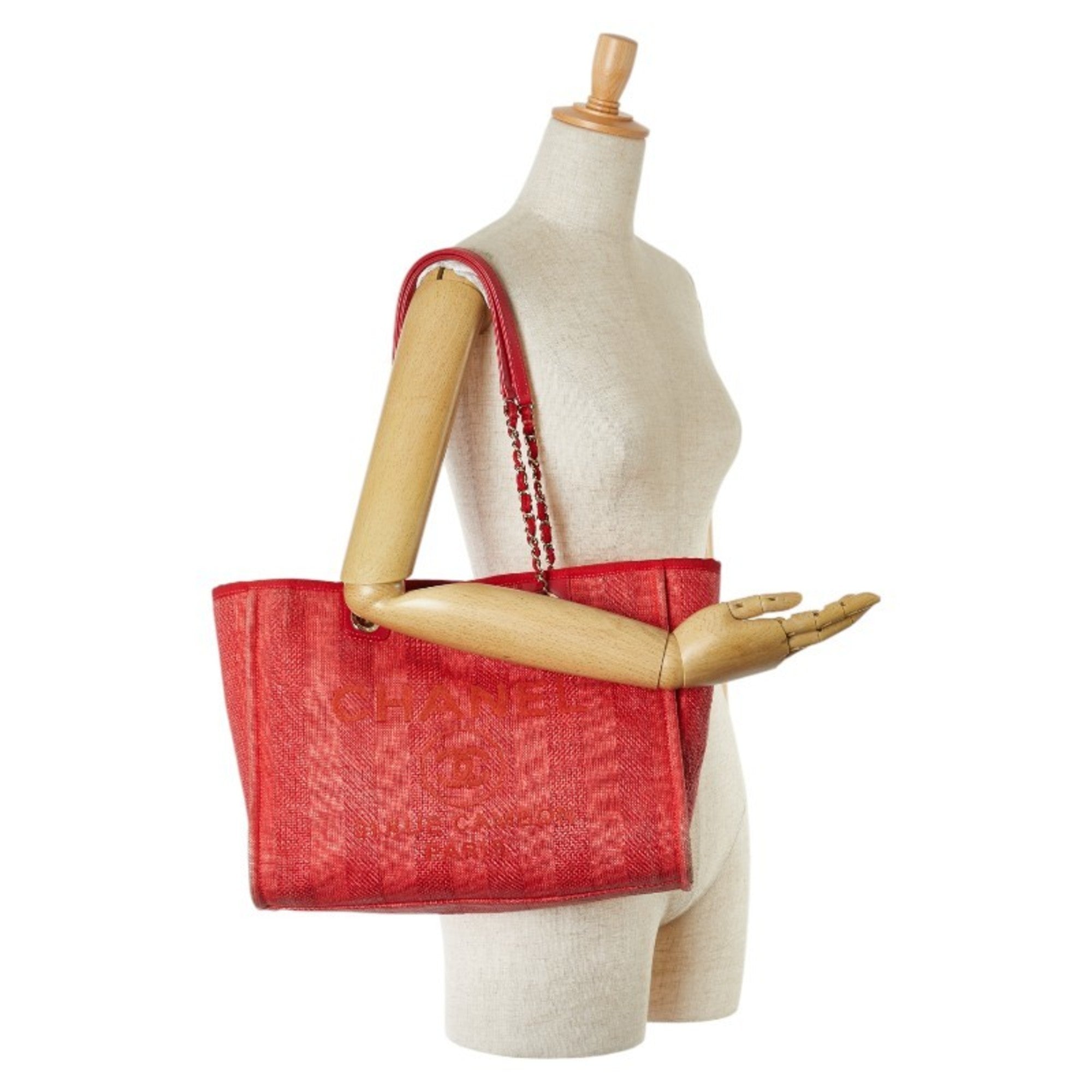 Chanel Red Color Canvas Leather Tote Bag (Pre-Owned)