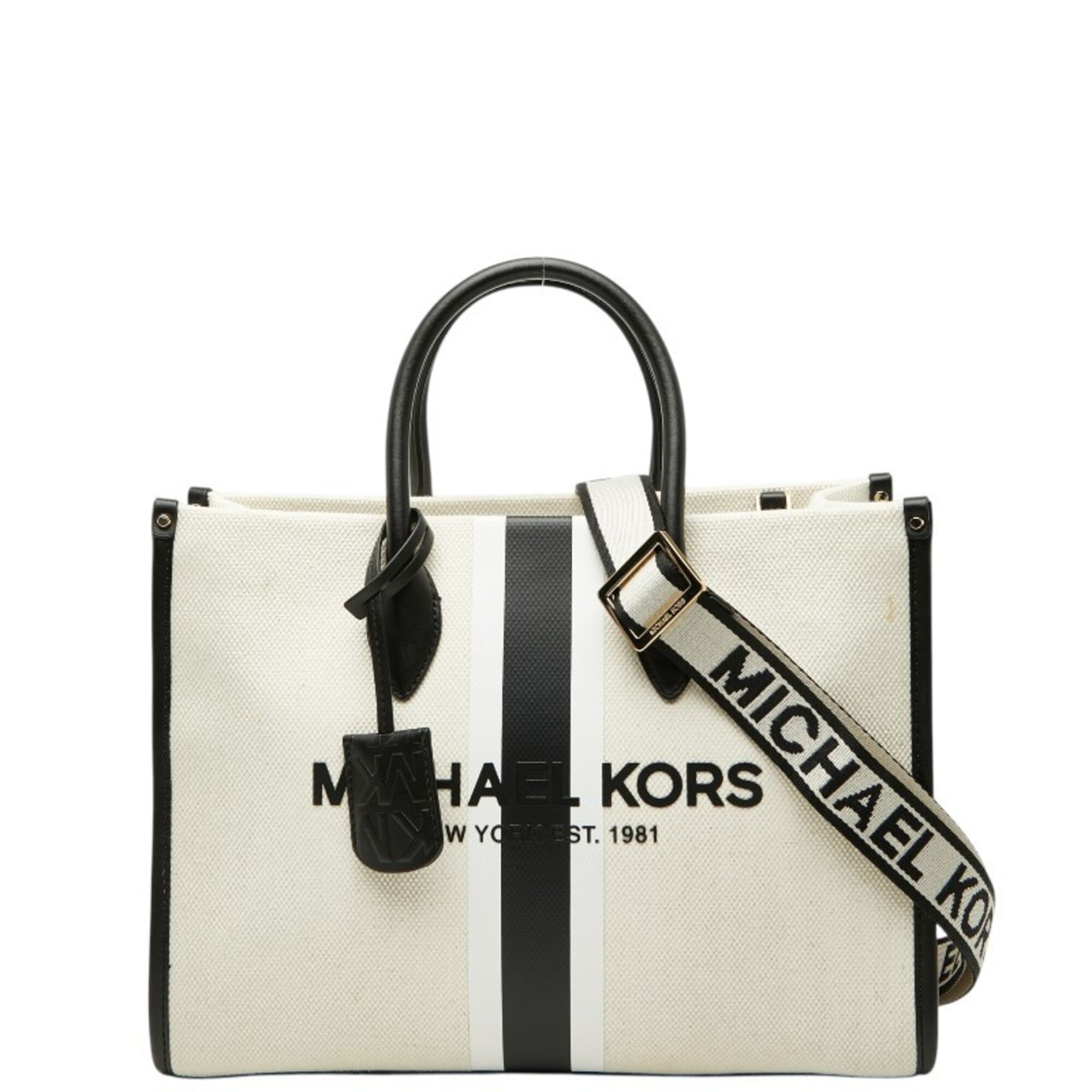 Michael Kors Black White Canvas Leather Shoulder Bag Tote Bag (Pre-Owned)