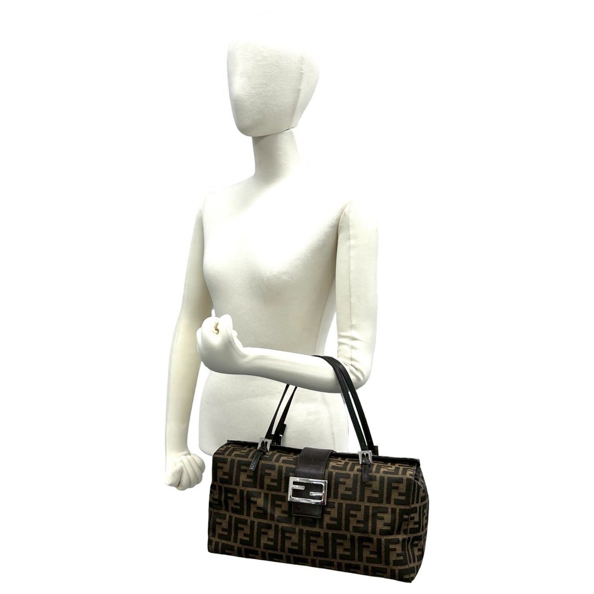 Fendi Black Brown Canvas Leather Boston Bag Handbag Tote Bag (Pre-Owned)