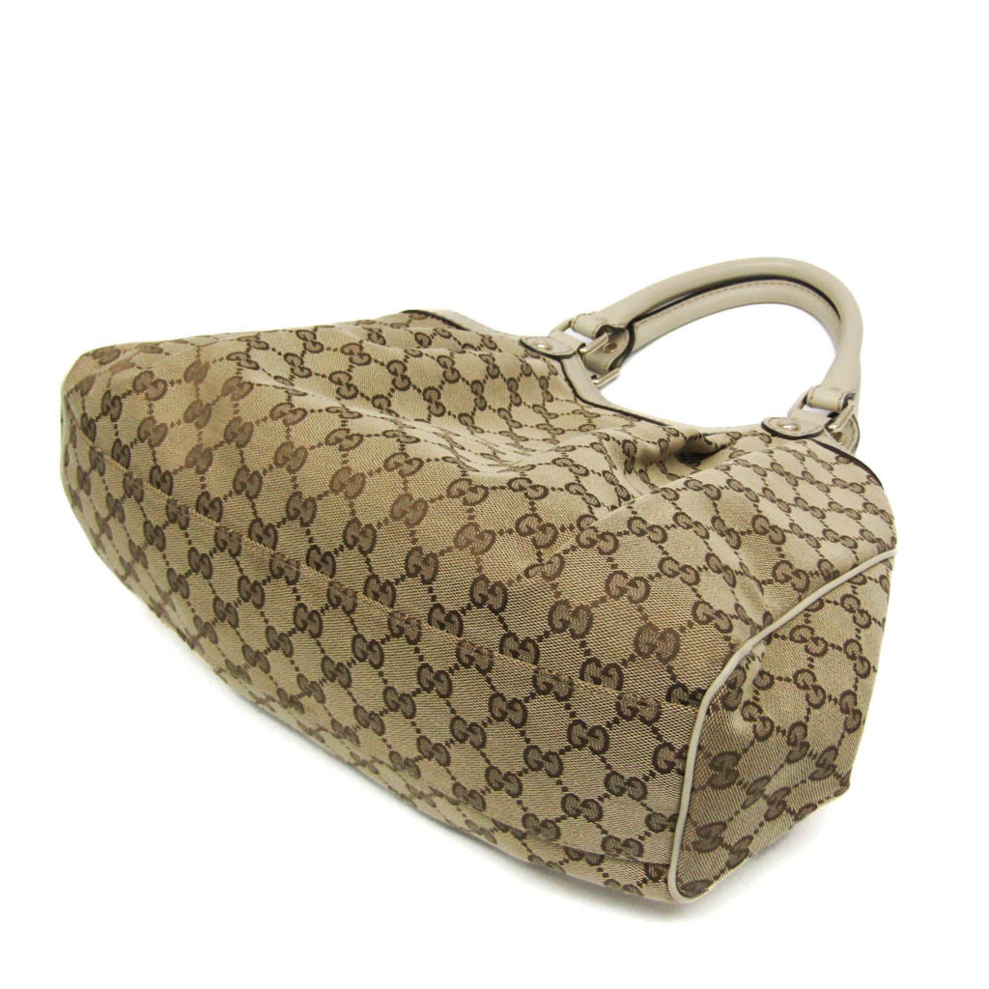 Gucci Beige Brown Cream Leather Canvas Handbag (Pre-Owned)