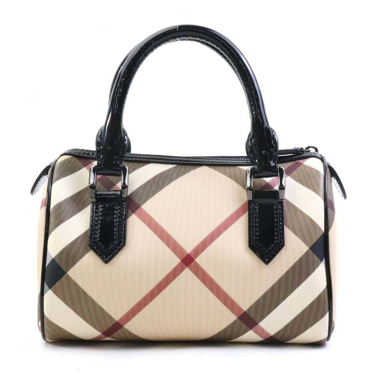 Burberry Beige Black Coated Canvas Patent Leather Handbag (Pre-Owned)