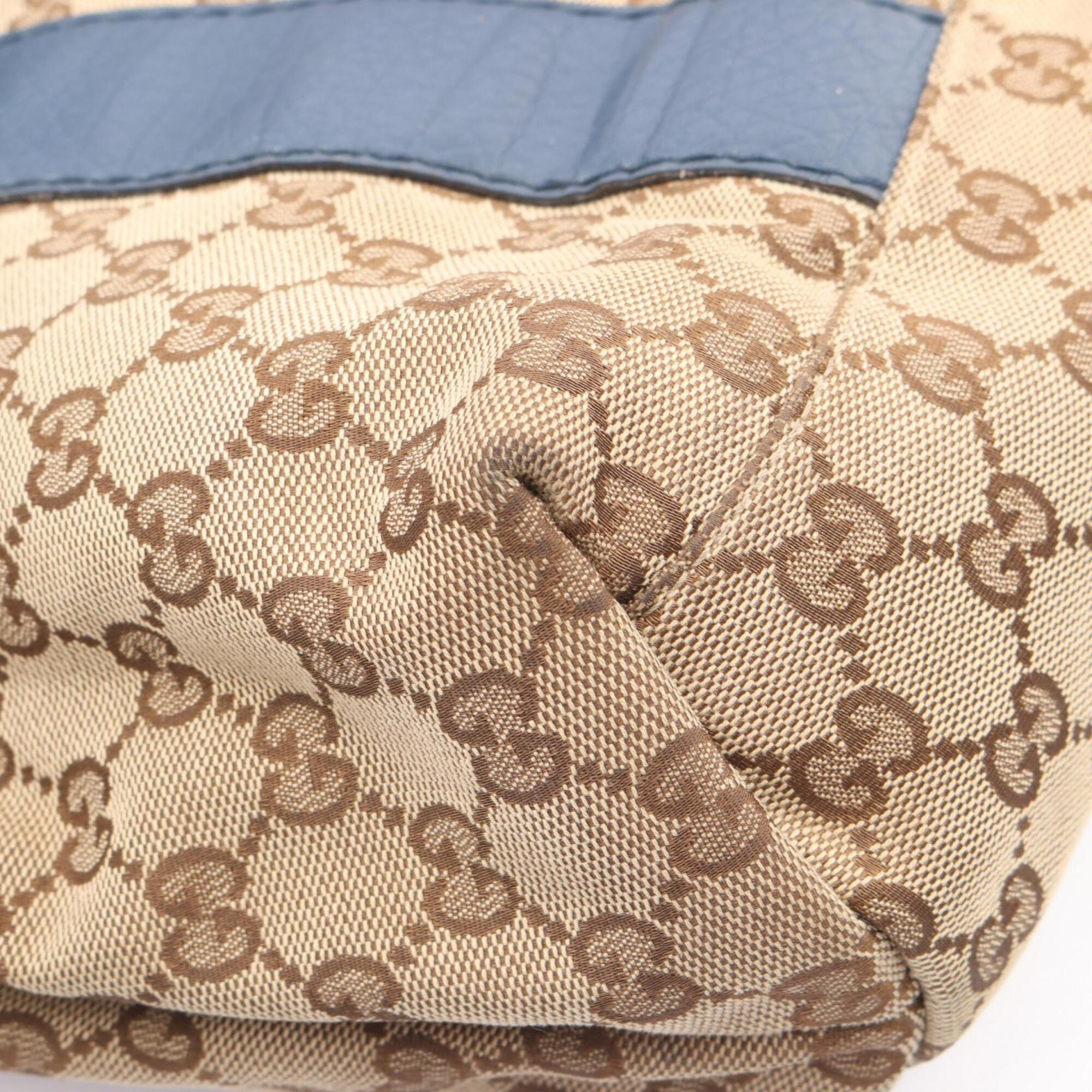 Gucci Beige Blue Canvas Leather Handbag Tote Bag (Pre-Owned)