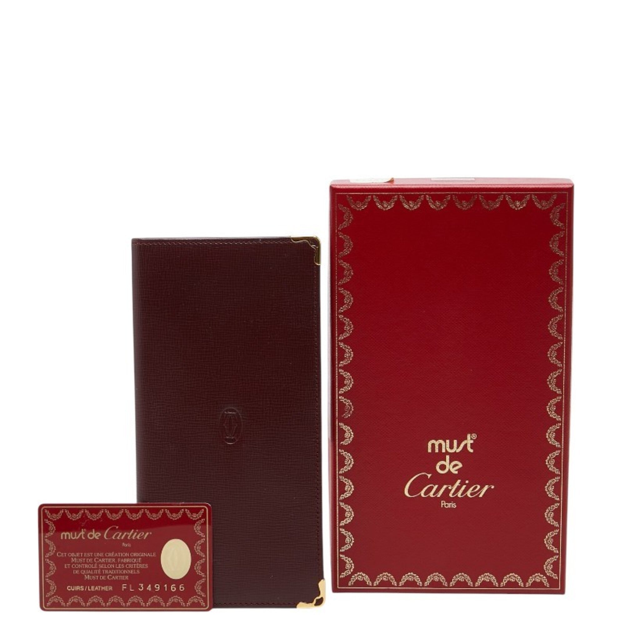 Cartier Must Bordeaux Wine Red Leather Long Wallet (Bi-Fold) (Pre-Owned)