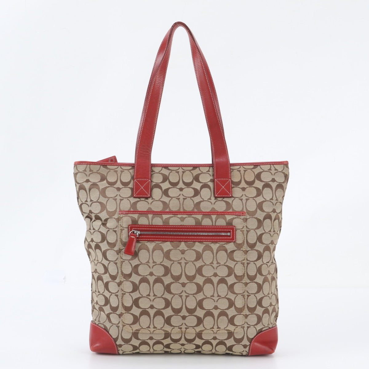 Coach Beige Red Color Leather Canvas Handbag Shoulder Bag Tote Bag (Pre-Owned)