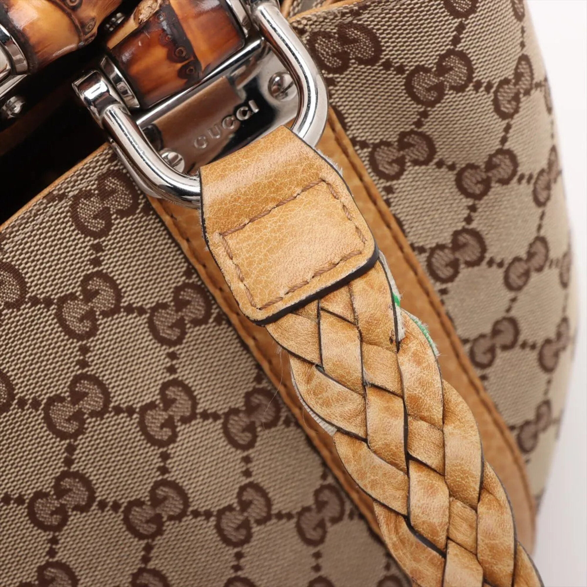 Gucci Beige Canvas Leather Handbag Tote Bag (Pre-Owned)