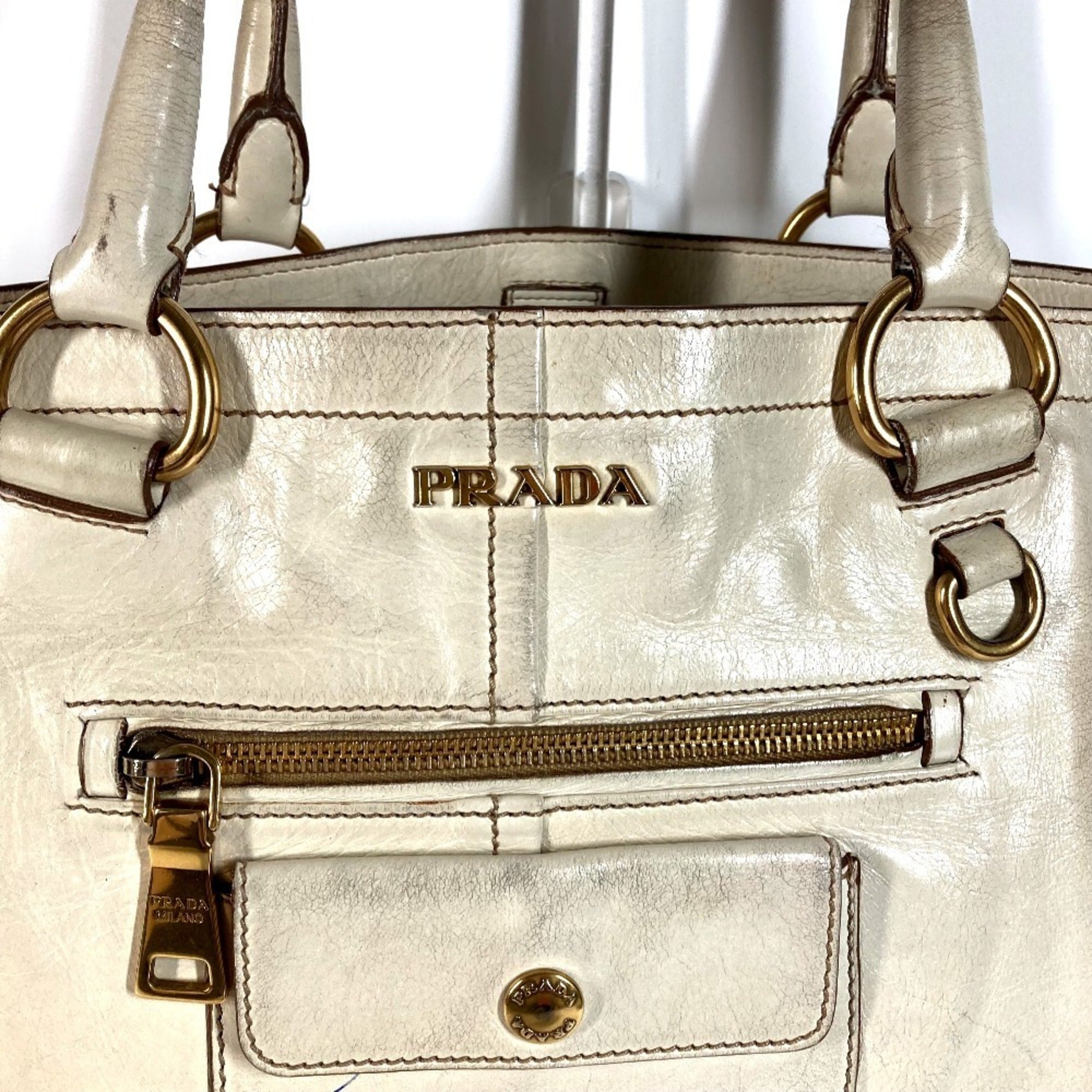 Prada Ivory Leather Shoulder Bag Tote Bag (Pre-Owned)