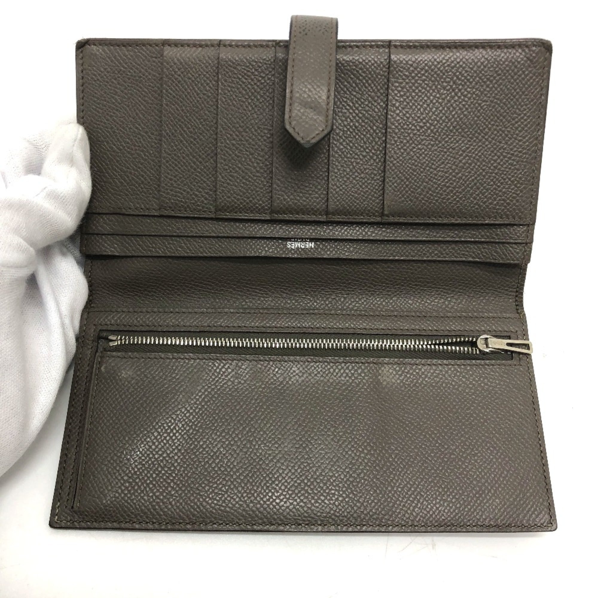 Hermes Gray Leather Long Wallet (Bi-Fold) (Pre-Owned)