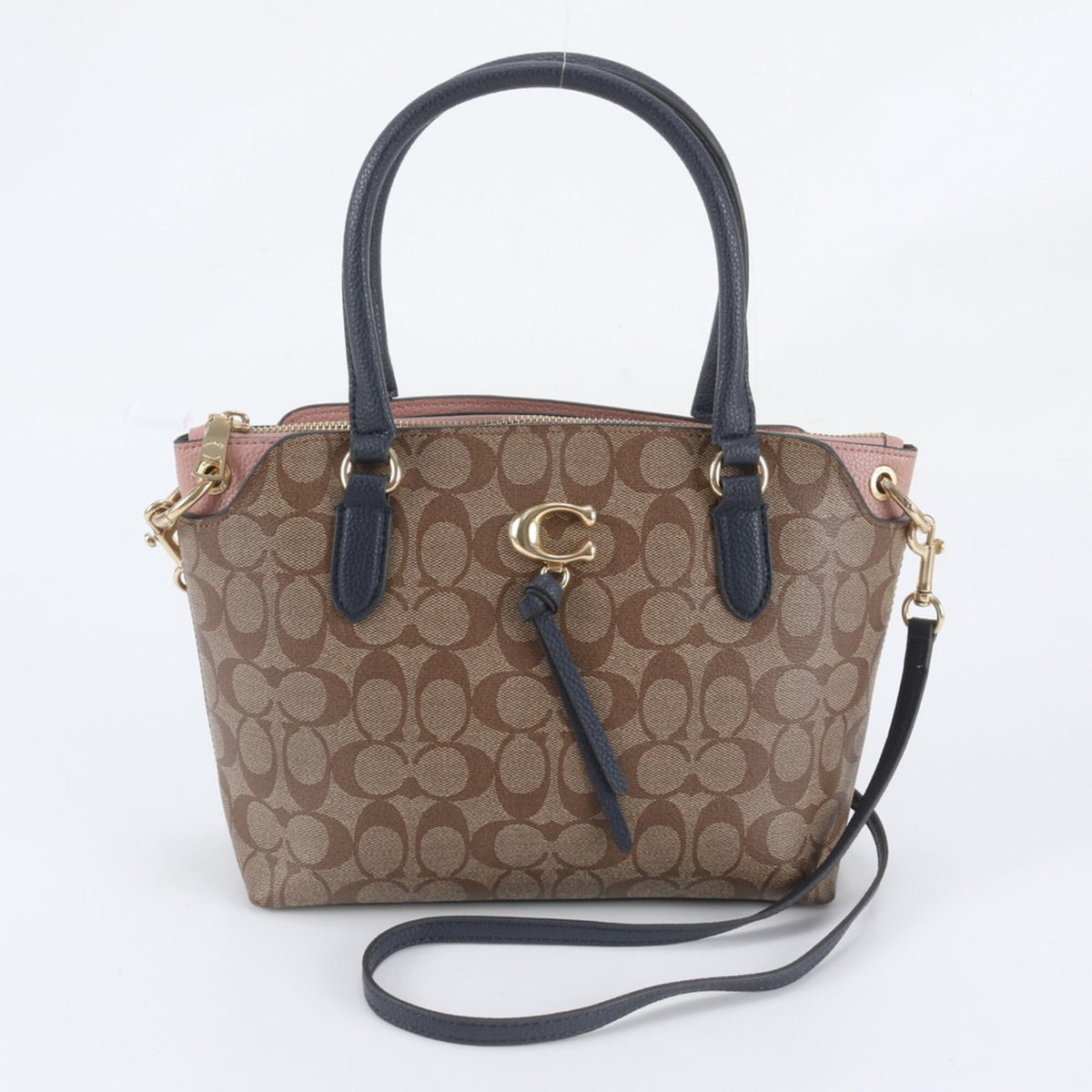 Coach Beige Navy Leather Coated Canvas Handbag Shoulder Bag Tote Bag (Pre-Owned)