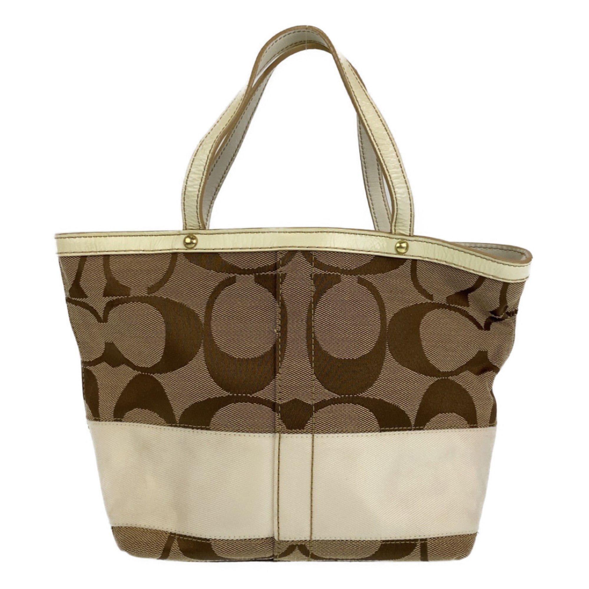 Coach Beige White Leather Canvas Handbag Tote Bag (Pre-Owned)