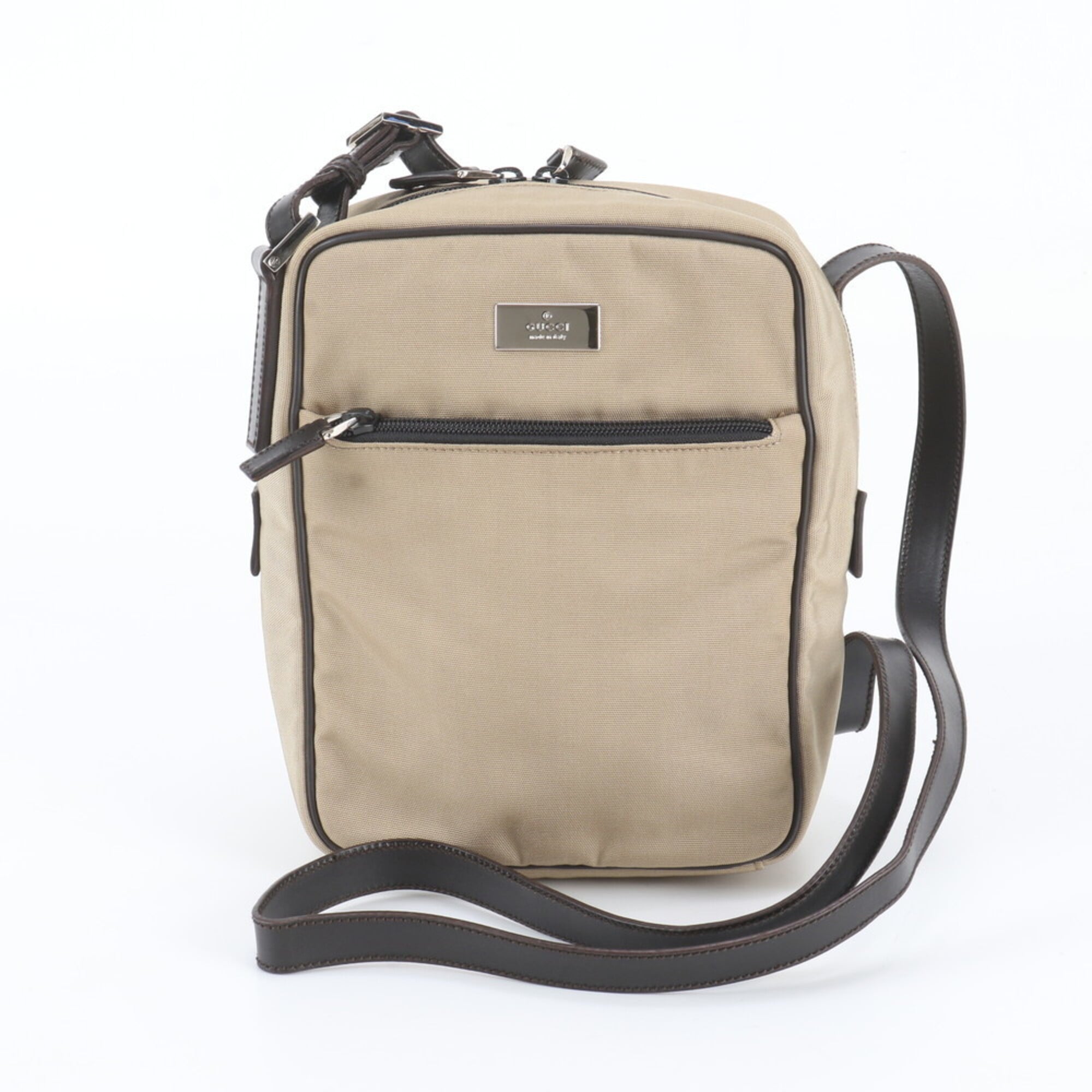 Gucci Beige Brown Leather Nylon Messenger Bag Shoulder Bag Tote Bag (Pre-Owned)