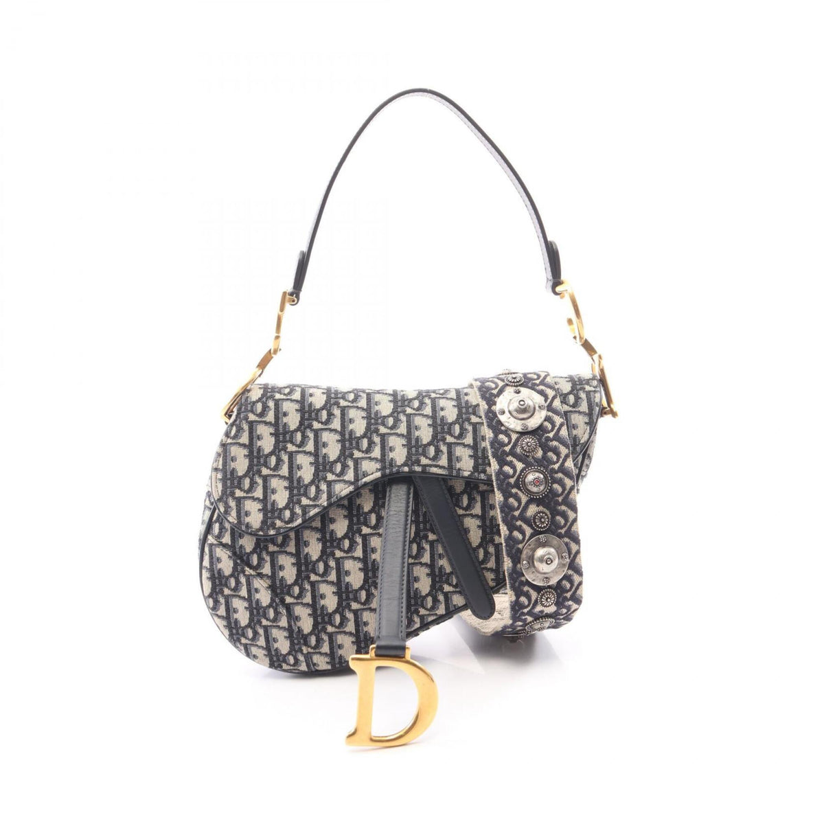Christian Dior Beige Navy Canvas Leather Handbag Saddle Bag (Pre-Owned)