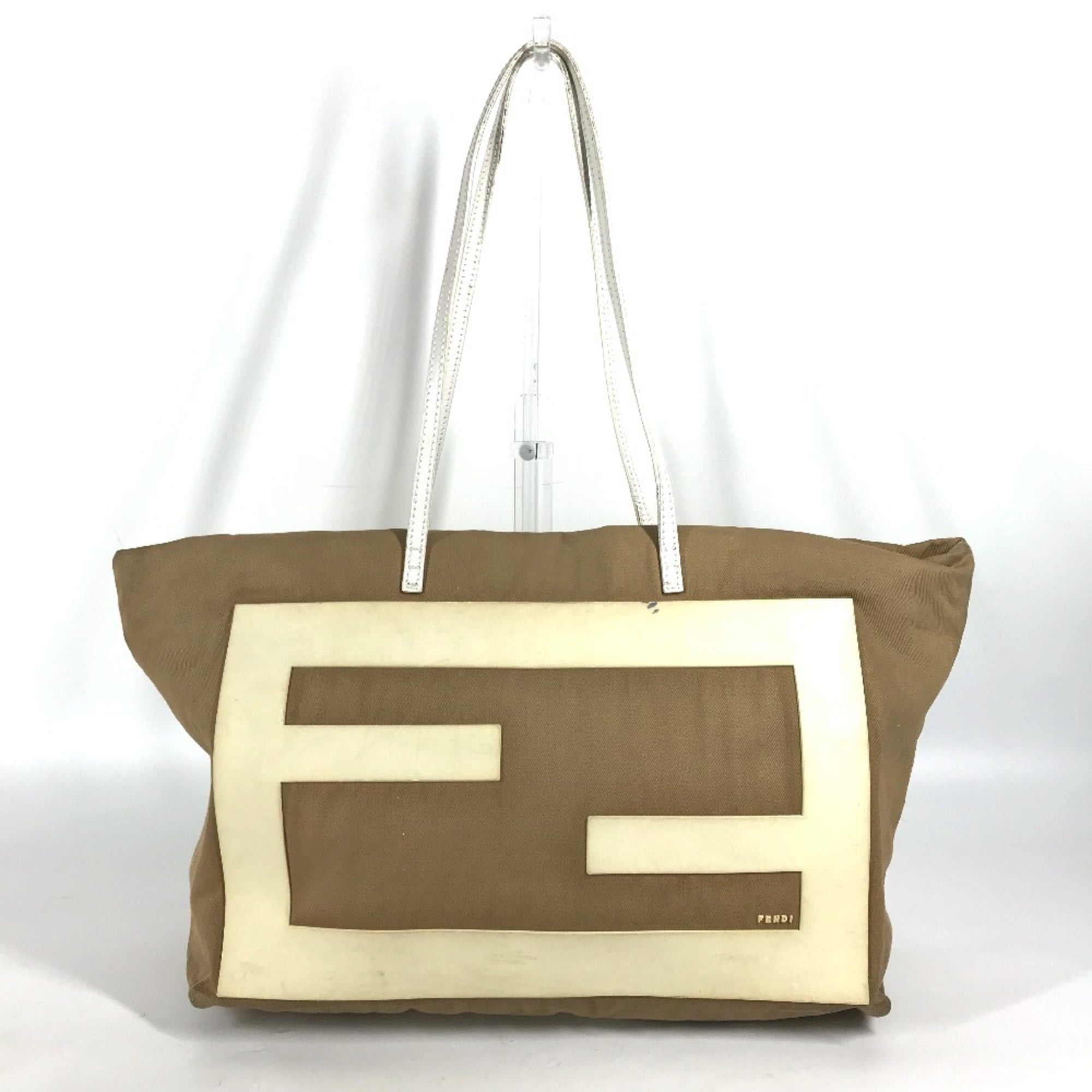 Fendi Beige White Canvas Rubber Shoulder Bag Tote Bag (Pre-Owned)