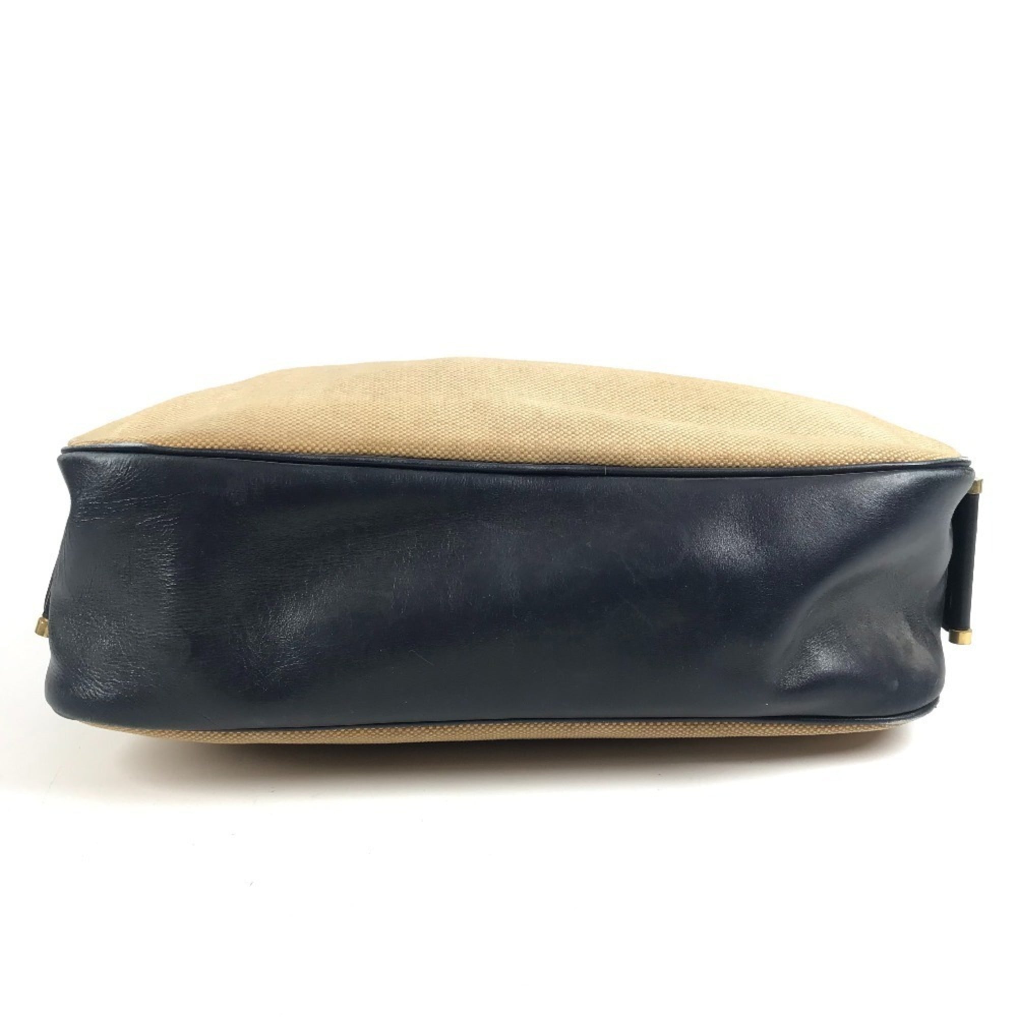Hermes Beige Navy Leather Canvas Shoulder Bag (Pre-Owned)
