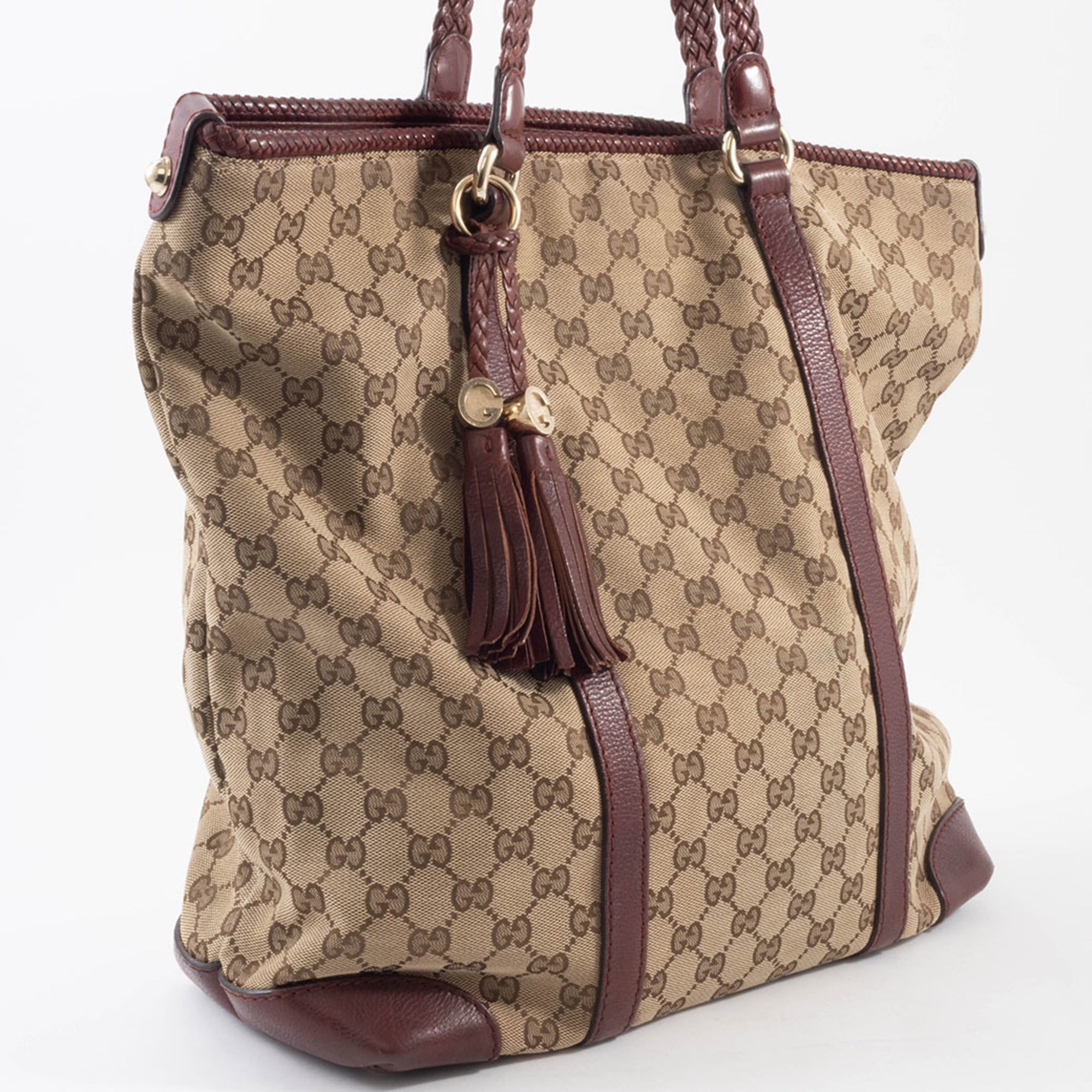 Gucci Gg Canvas Beige Brown Gg Canvas Leather Tote Bag (Pre-Owned)