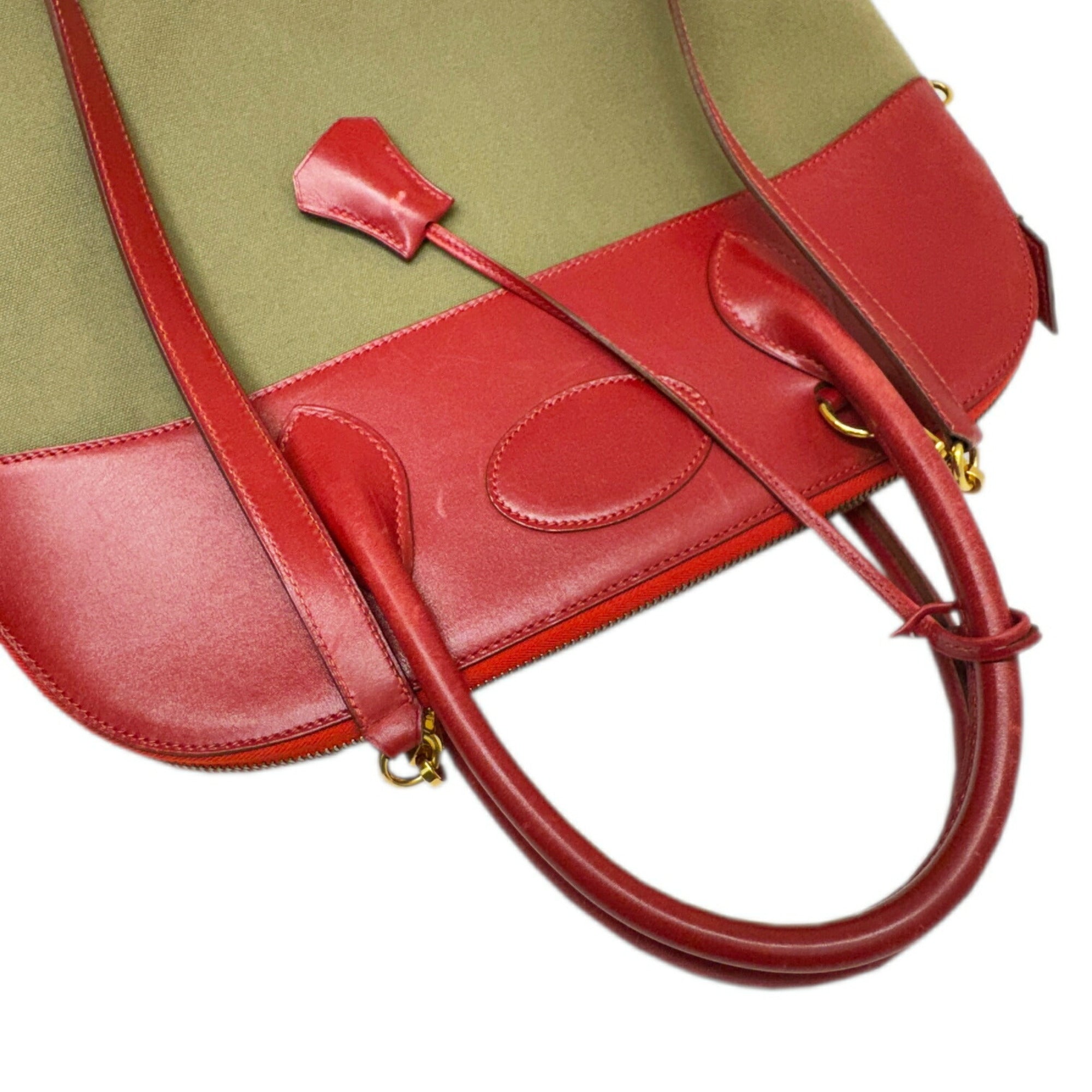 Hermes Khaki Rouge Garance Toile Officier Box Calf Leather Handbag Shoulder Bag (Pre-Owned)