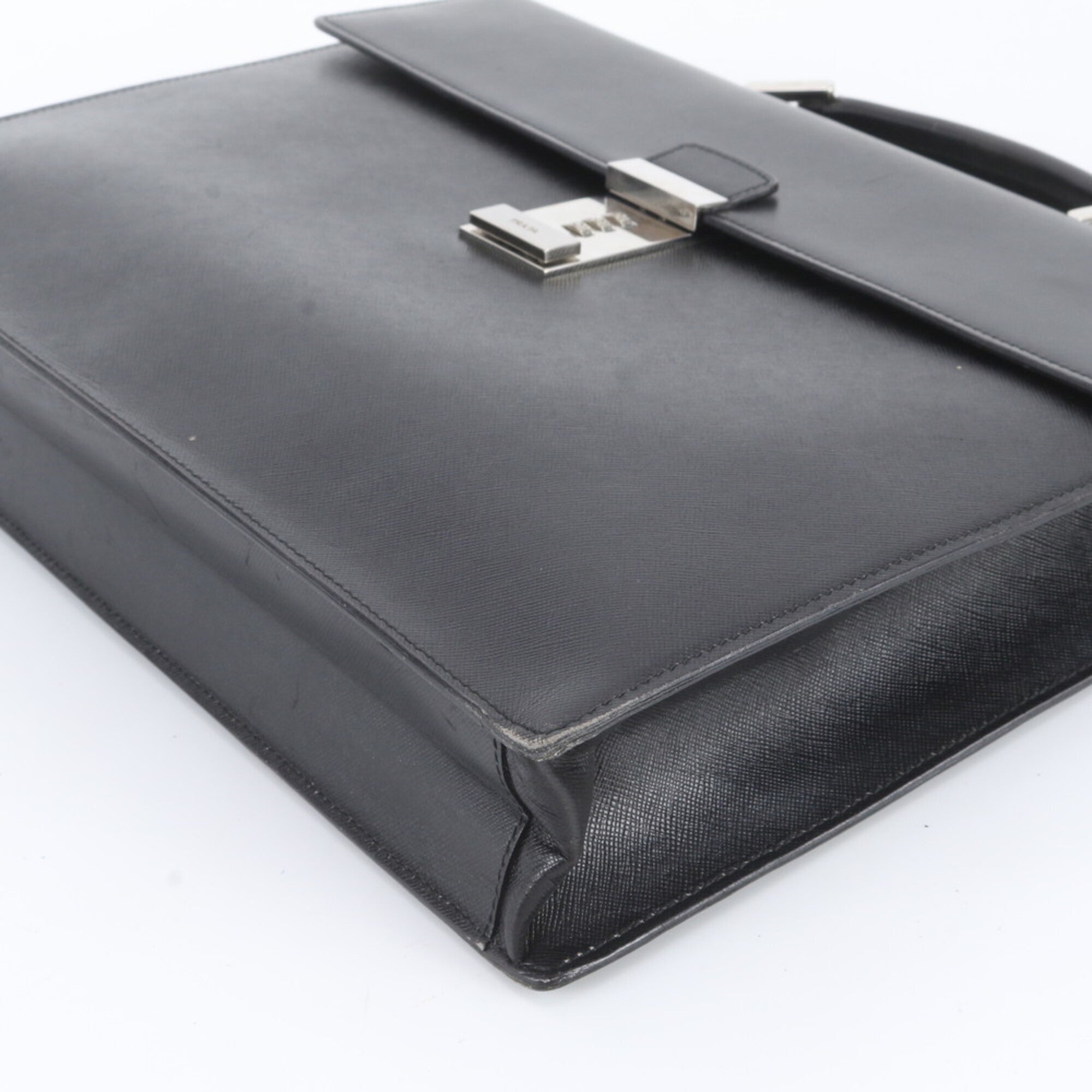 Prada Saffiano Black Leather Briefcase Tote Bag (Pre-Owned)