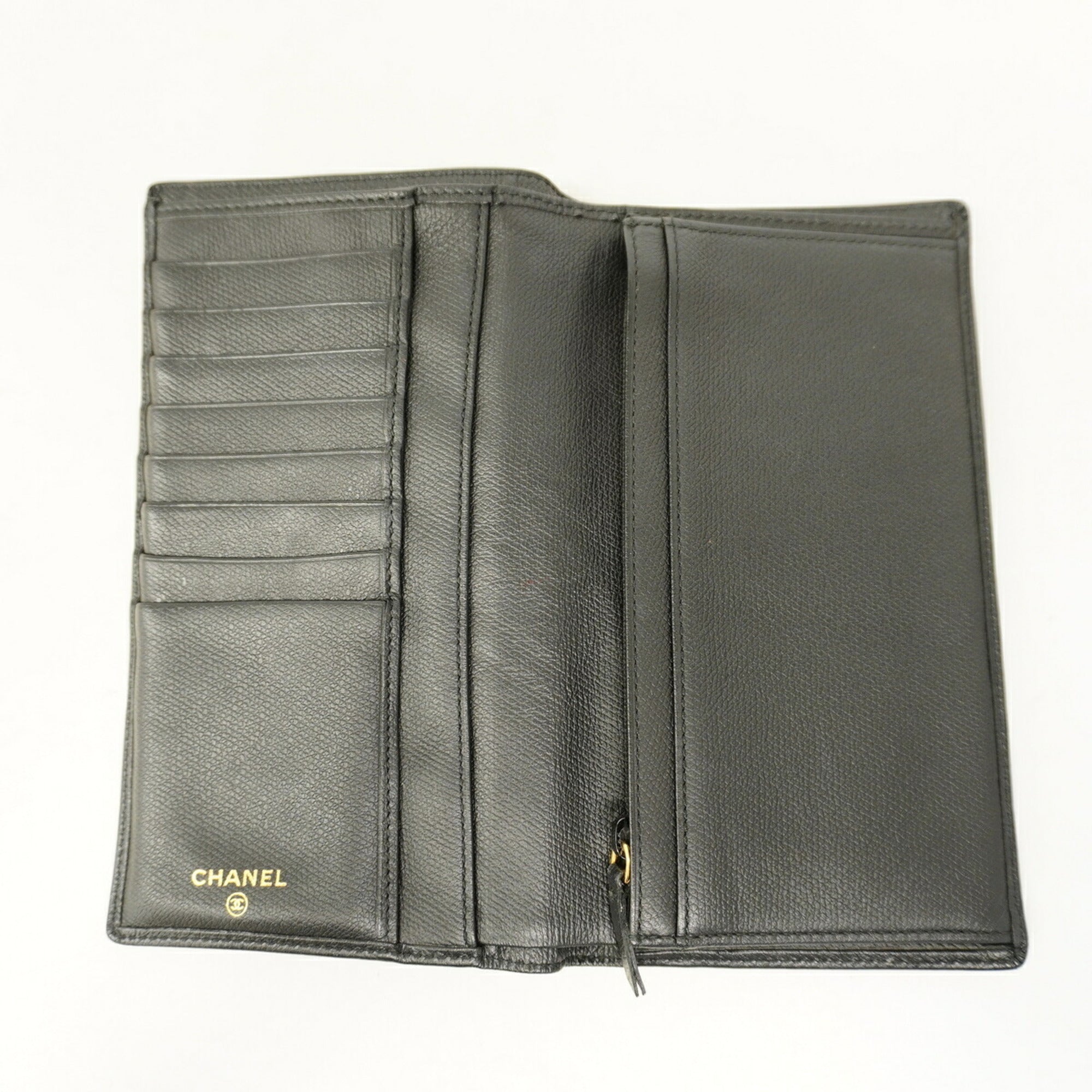 Chanel Black Grained Calfskin Long Wallet (Bi-Fold) (Pre-Owned)