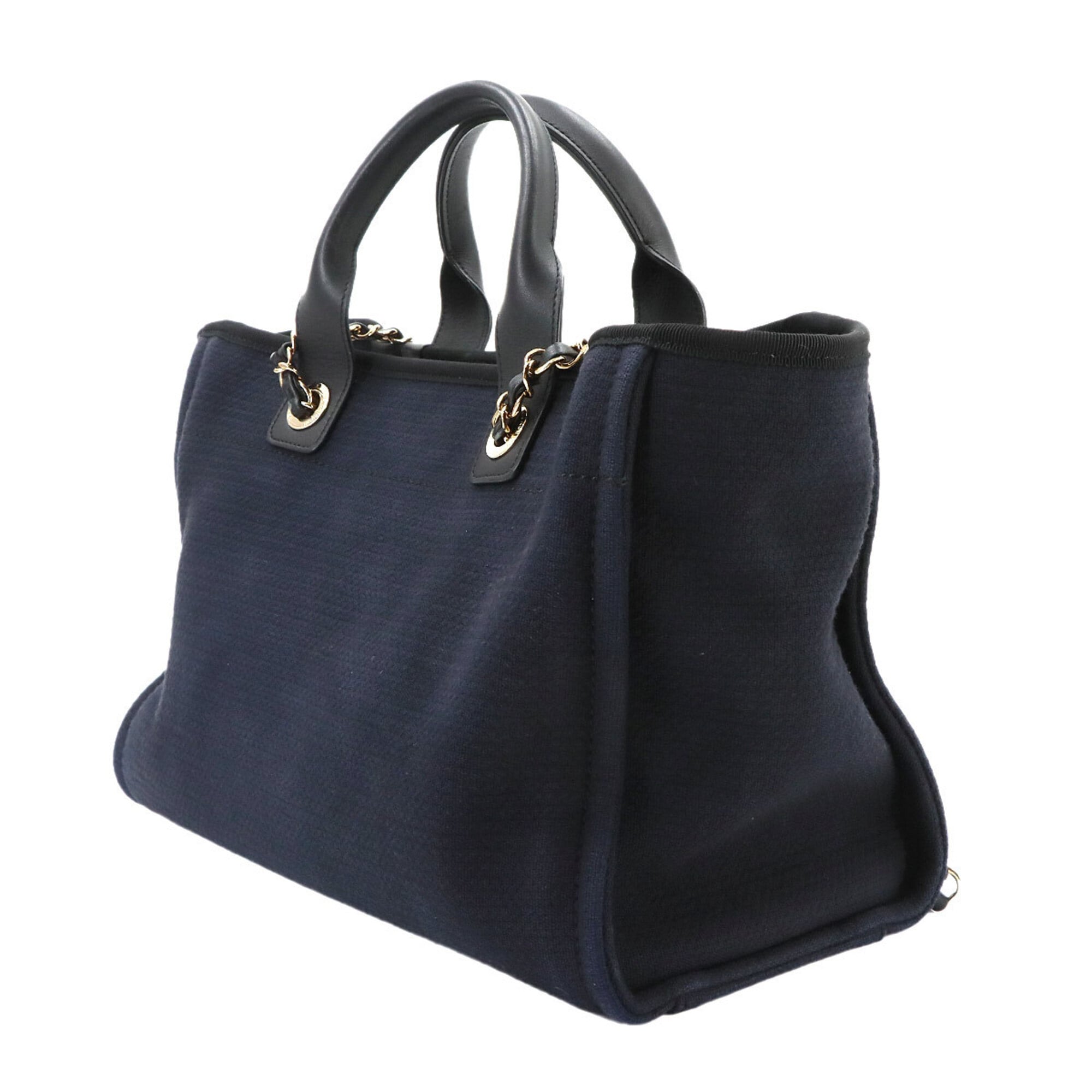 Chanel Navy Canvas Leather Handbag Shopping Bag Tote Bag (Pre-Owned)