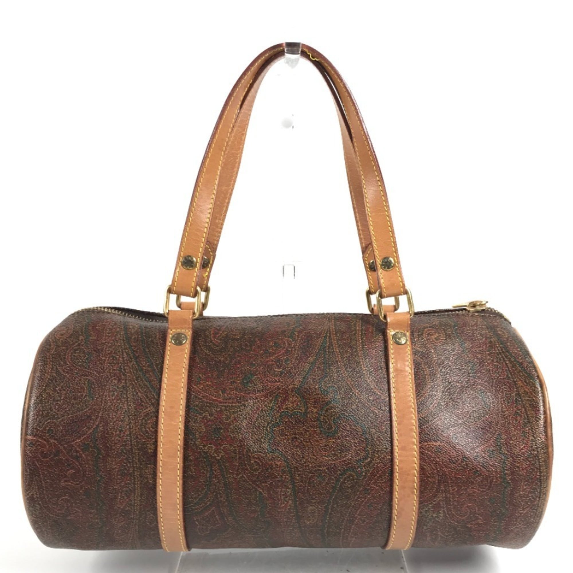 Etro Red Color Leather Canvas Boston Bag Handbag Tote Bag (Pre-Owned)
