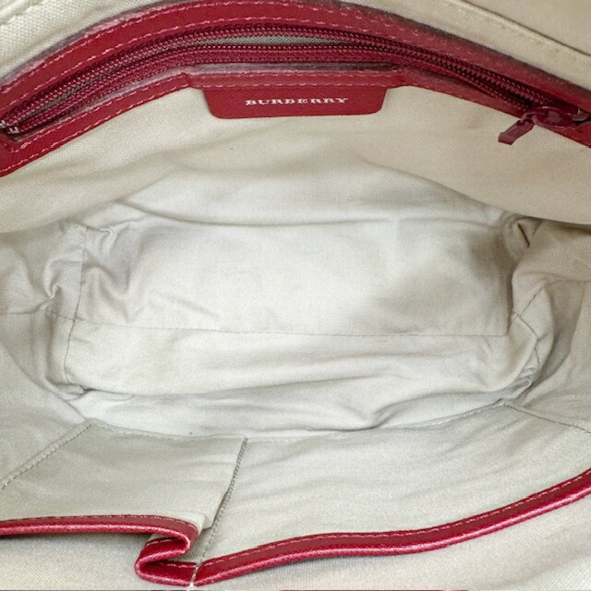 Burberry Beige Red Color Leather Canvas Handbag (Pre-Owned)