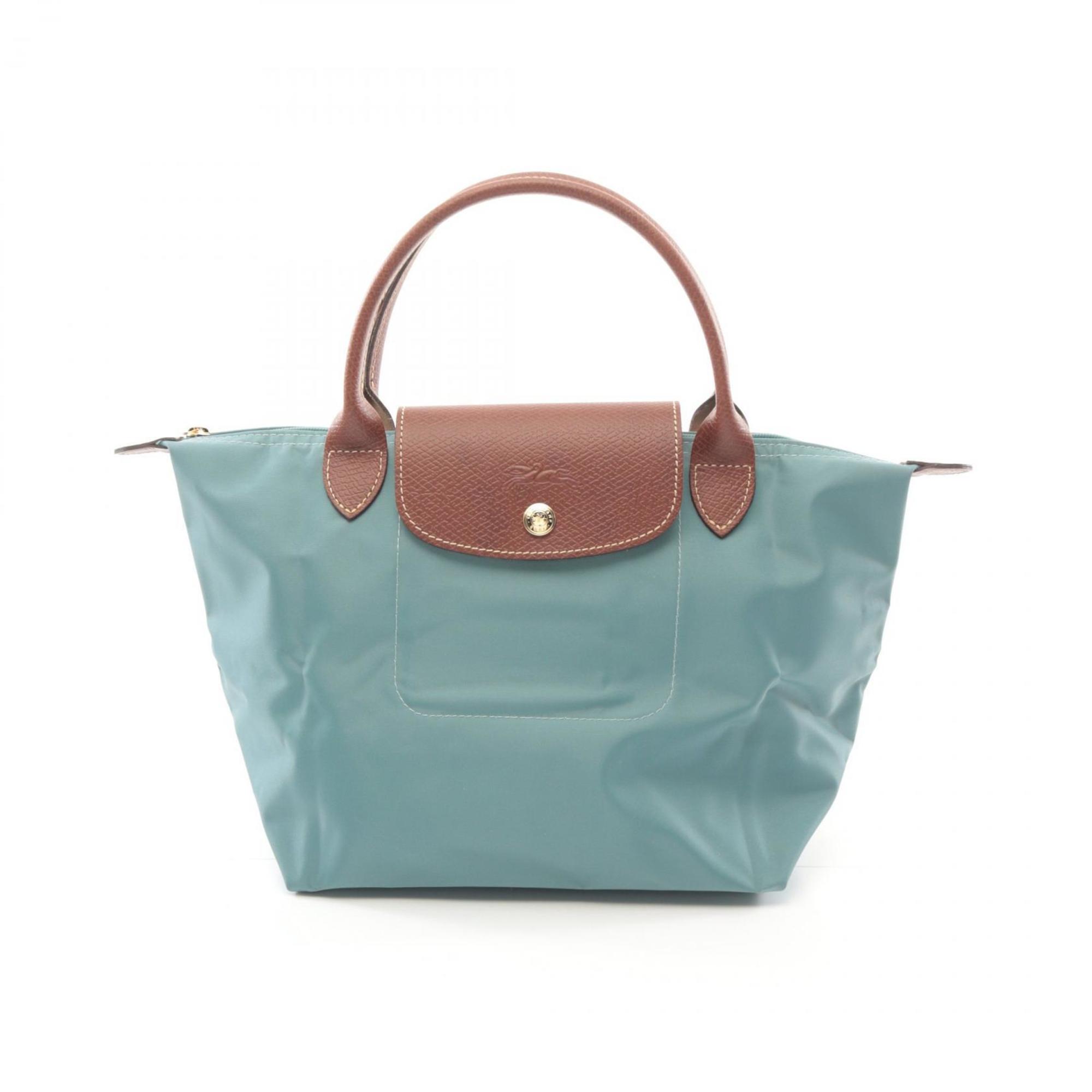 Longchamp Brown Green Canvas Leather Handbag (Pre-Owned)
