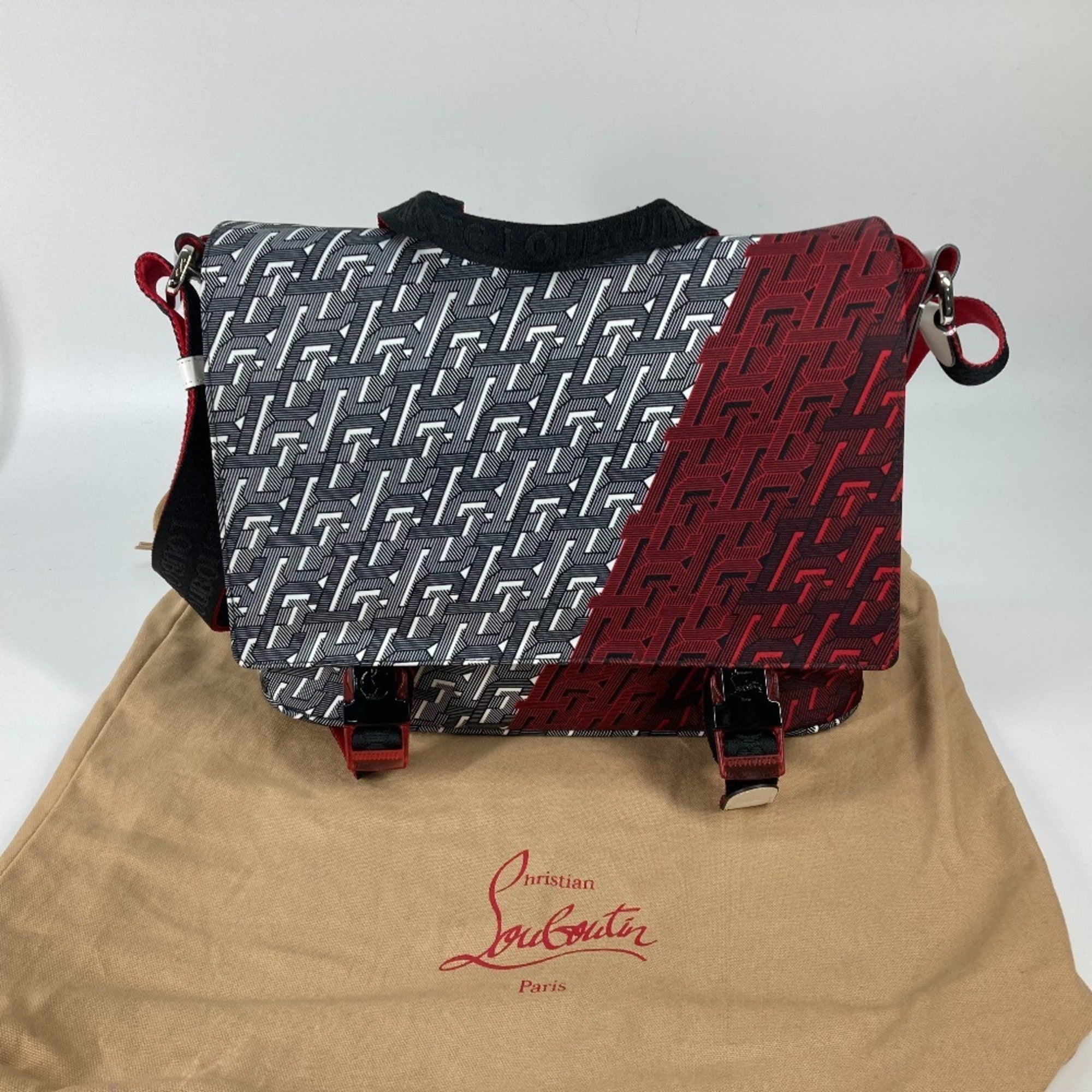 Christian Louboutin Black Red Color White Nylon Handbag Messenger Bag Shoulder Bag (Pre-Owned)