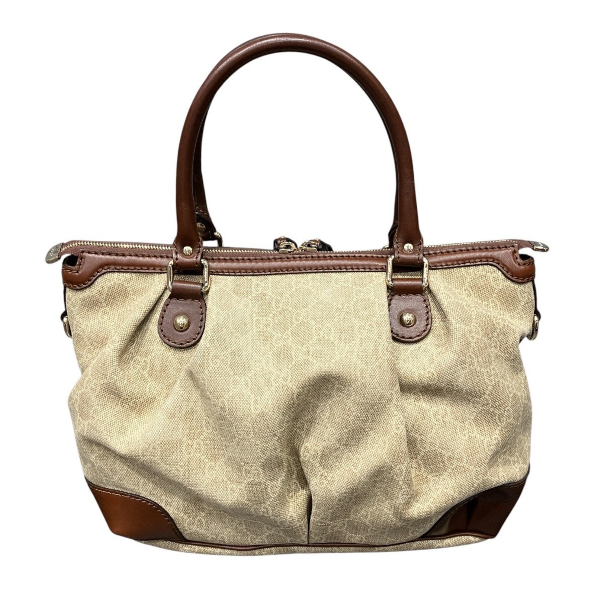 Gucci Beige Brown Gold Canvas Leather Handbag (Pre-Owned)