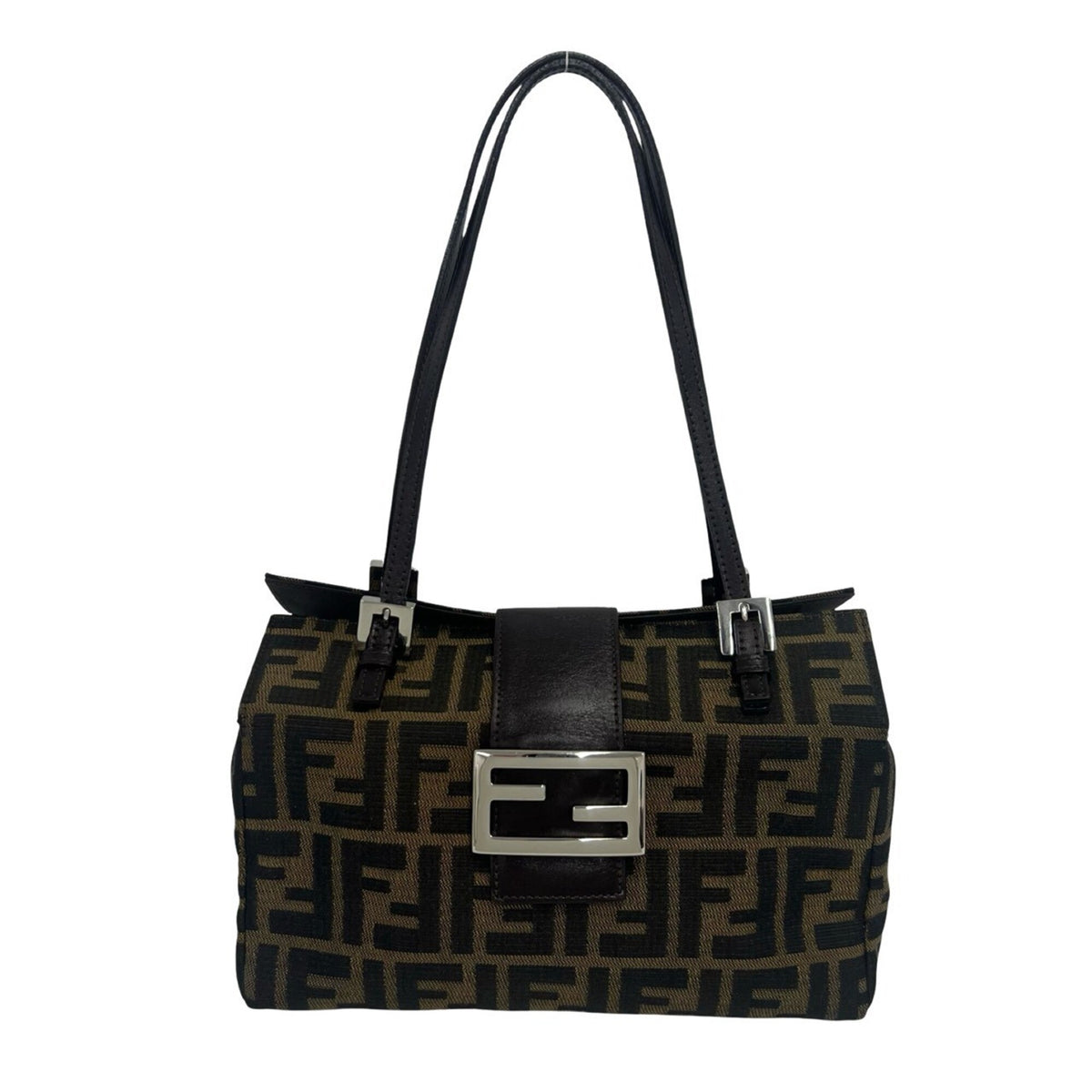 Fendi Black Brown Canvas Leather Handbag Tote Bag (Pre-Owned)