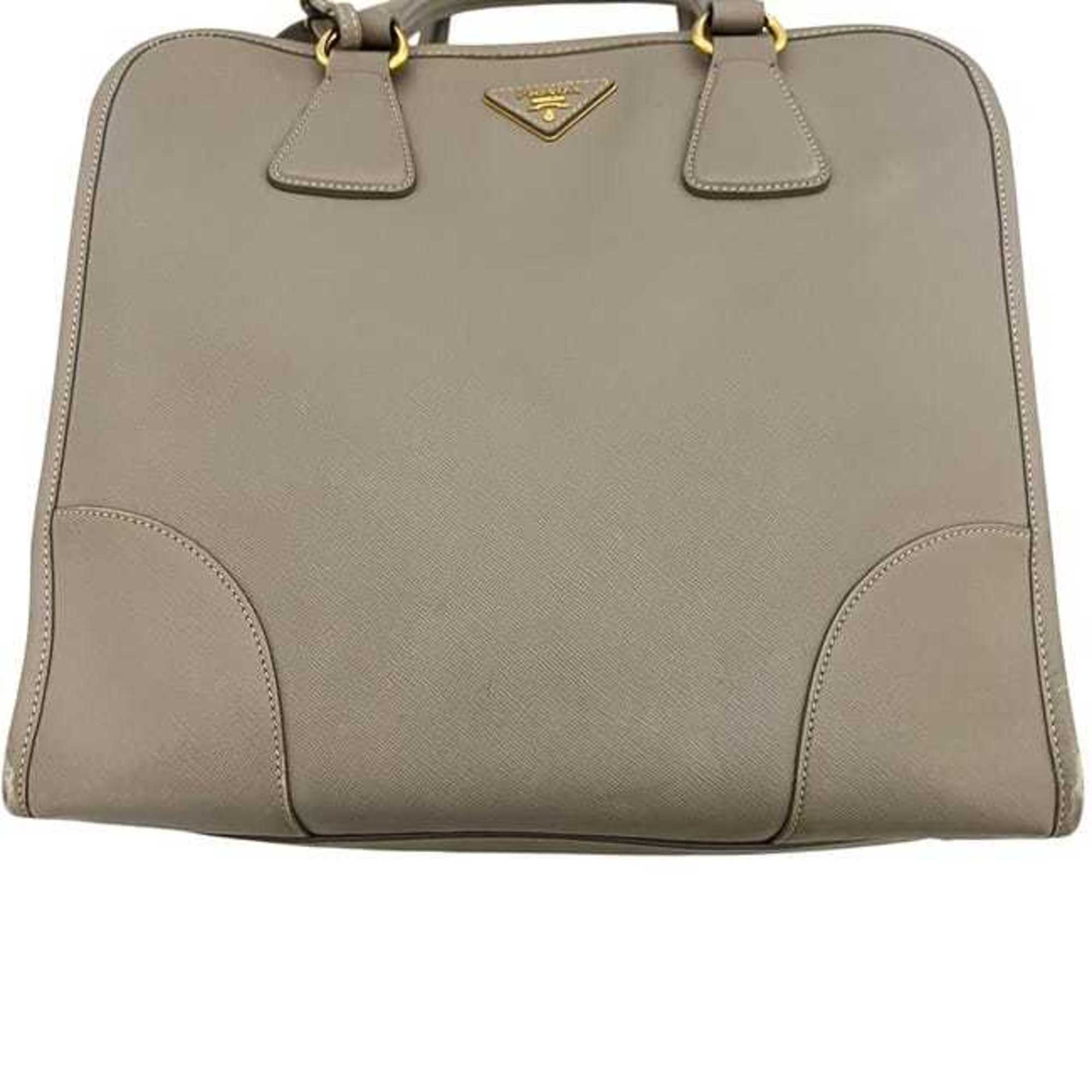 Prada Saffiano Beige Leather Handbag Shoulder Bag (Pre-Owned)