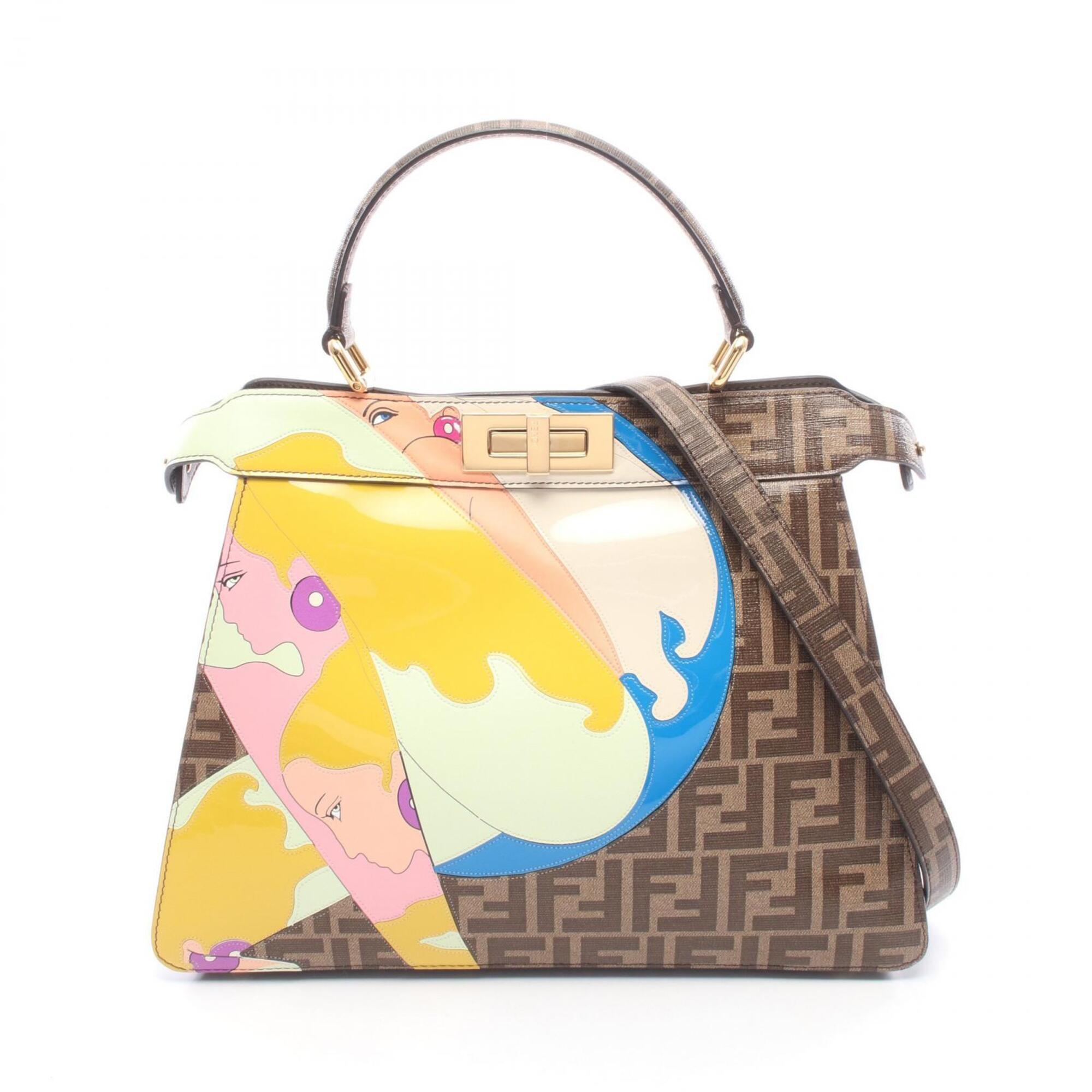 Fendi Brown Multi-Color Yellow Coated Canvas Patent Leather Leather Handbag (Pre-Owned)