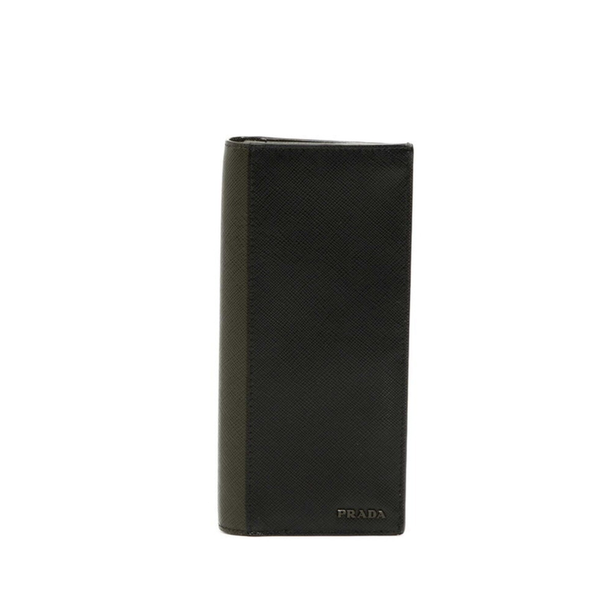 Prada Black Green Leather Long Wallet (Bi-Fold) (Pre-Owned)